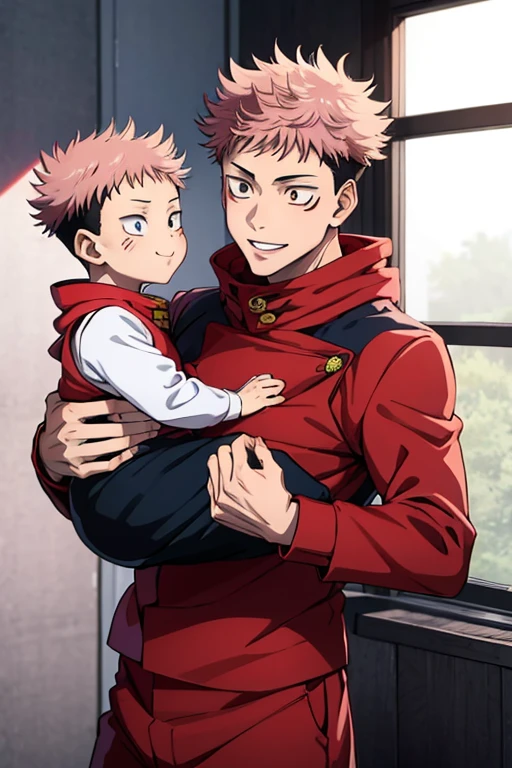 young boy, Smile, Itadori Yuji, uniform jujutsu with Red hood, brown eyes, pink hair, short hair, anime style jujutsu kaisen, and breastfeeding your babys in room. 