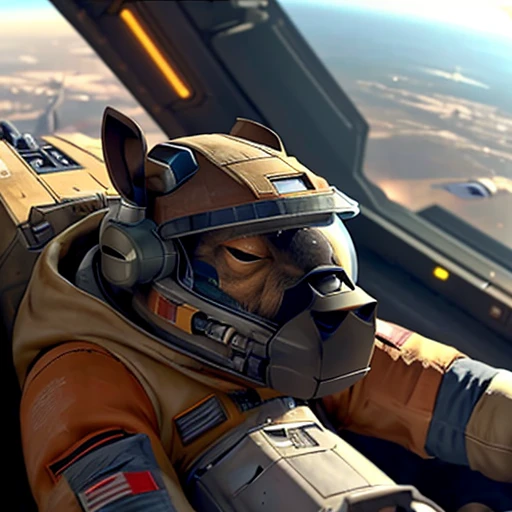 capybara piloting an x-wing spacecraft, closeup of pilot, flight suit, lasers, space battle, looking into cockpit through window