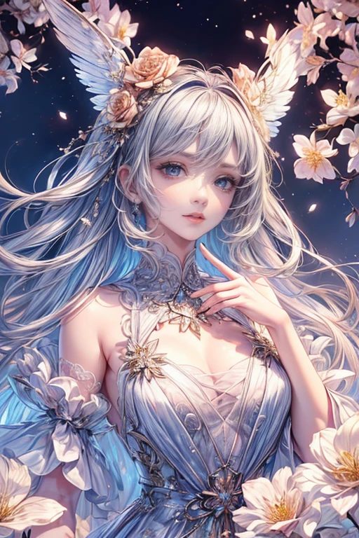 (highest quality, 8k, CG, Beautiful details upper body, , Thumb Girl, Taffeta coat dress, Floral Background, Complex facial features, Long flowing hair, Almond-shaped eyes, Elaborate eye makeup, Long, fluttering eyelashes, Blinking big eyes with a starry gaze, Exquisite lip detail, Soft and harmonious style)