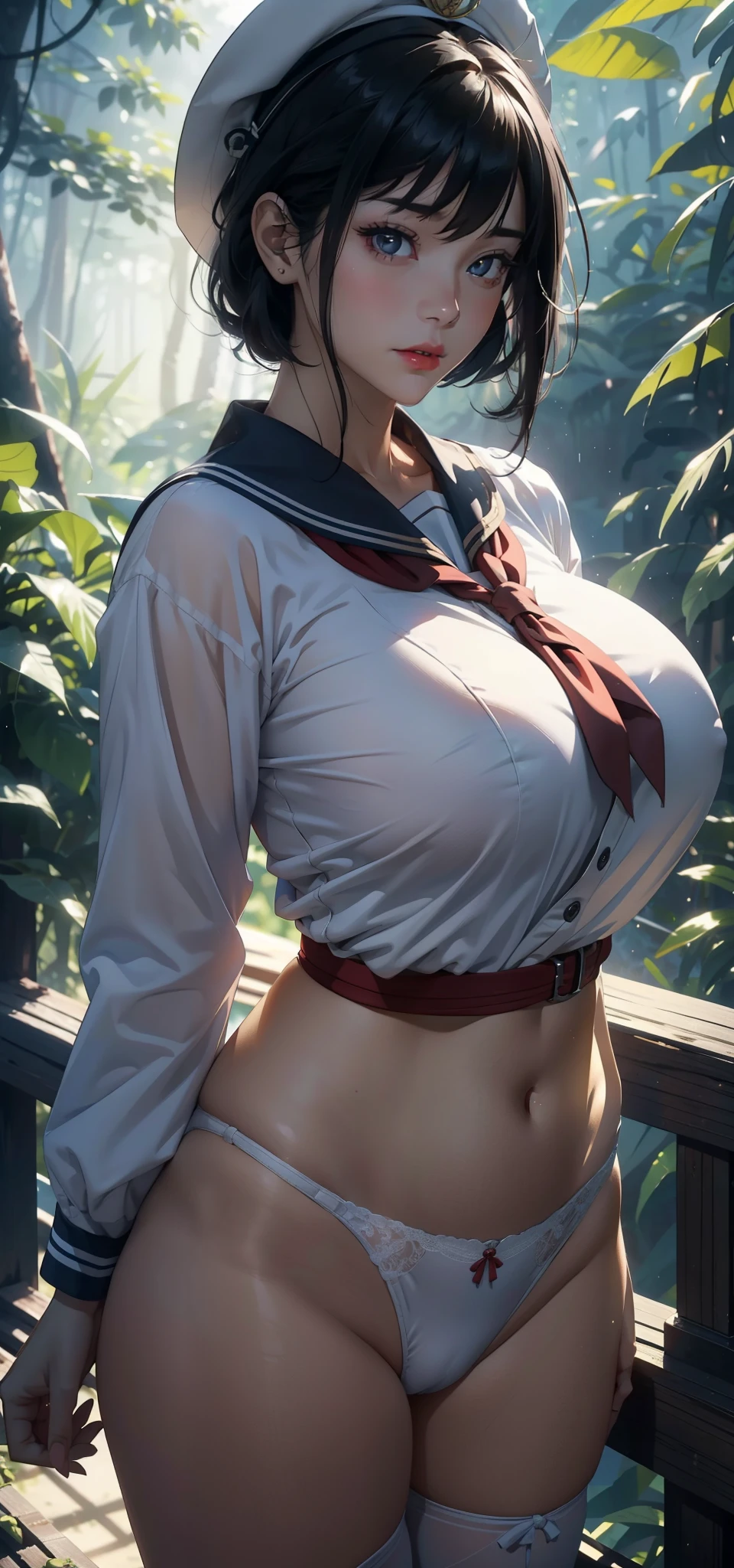 1 female，45 years old，Married Woman，MILF，Super big breasts，a little fat，Thin waist，Long legs， 照片曝Light，（background：In the woods，Rainforest，In the summer，Strong wind） She has short black hair，Bangs，，Bob，Straight Hair，Red lips，stand up，Front view， OK， Gloomy sky，（（（masterpiece），（Highly detailed CG Unity 8k wallpaper），最OK质量，Light，详细background，beautiful eyes，（Very delicate and beautiful），（Beautiful and detailed description of the eyes），Ultra Detailed，masterpiece，）），face camera，high resolution，Ultra Detailed），Exposing breasts，Exposing genitals， Convex，Camel toe，Sexy bulge，Primary school students（wear：Sailor Suit，Sailor hat，nude）