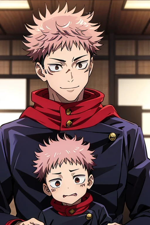 young boy, Smile, Itadori Yuji, uniform jujutsu with Red hood, brown eyes, pink hair, short hair, anime style jujutsu kaisen, Breastfeeding your baby Sukuna