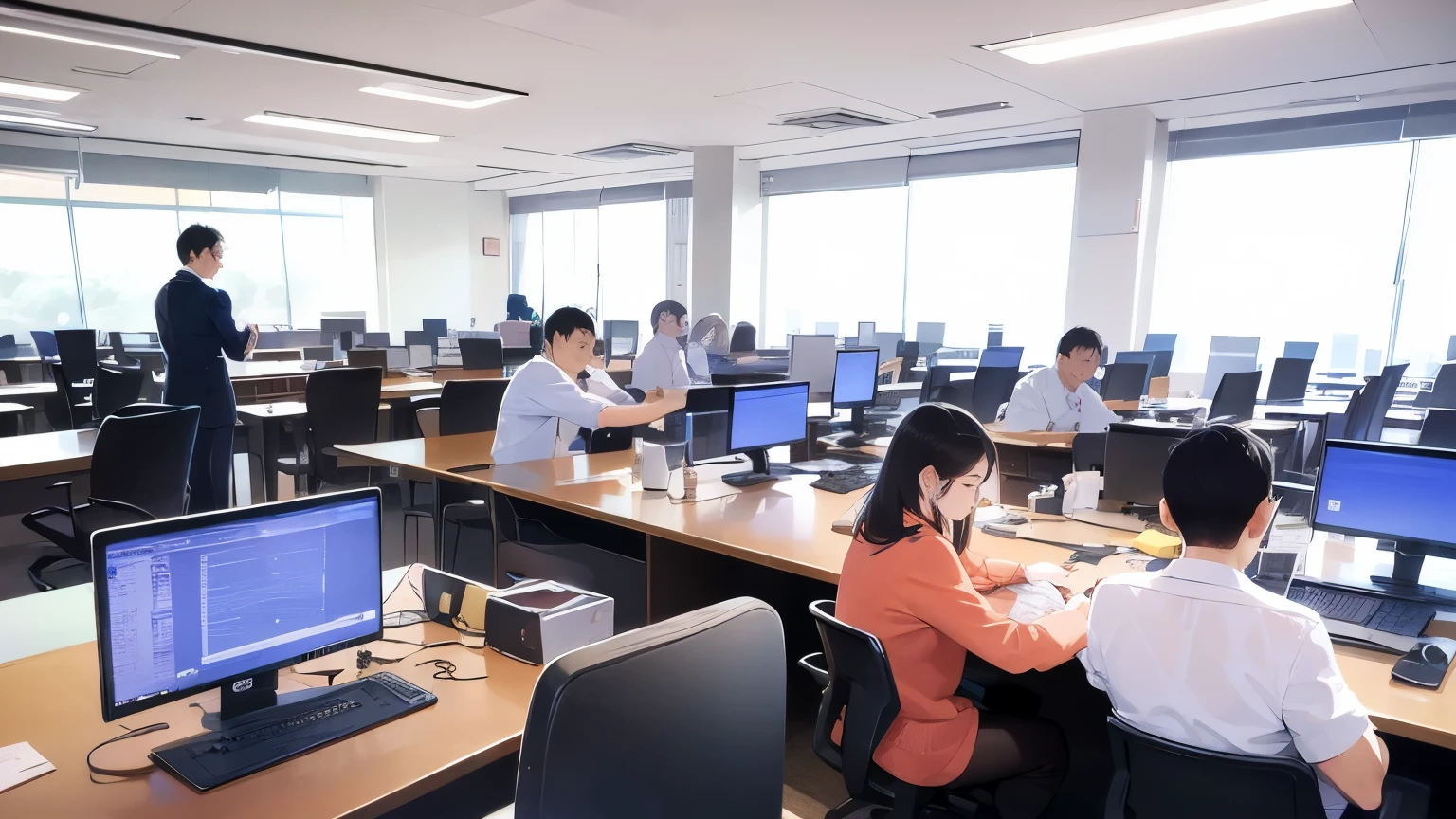 Background is an office room、Lots of desks, chairs and computers、A lot of working people