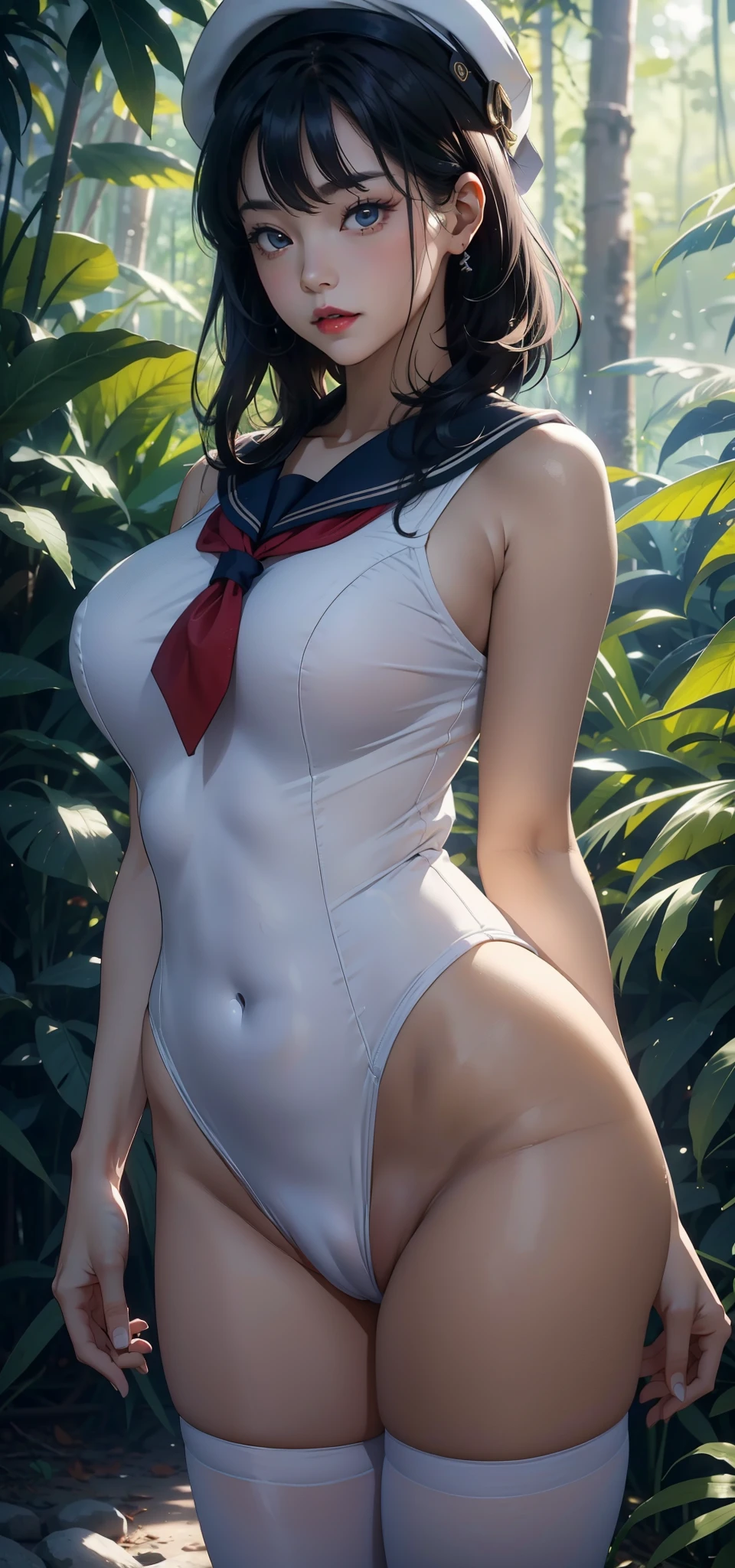 1 female,45 years old,Married Woman,,Super big ittle fat,Thin waist,Long legs, 照片曝Light,(background:In the woods,Rainforest,In the summer,Strong wind) She has short black hair,Bangs,,Bob,Straight Hair,Red lips,stand up,Front view, OK, Gloomy sky,(((masterpiece),(Highly detailed CG Unity 8k wallpaper),最OK质量,Light,详细background,beautiful eyes,(Very delicate and beautiful),(Beautiful and detailed description of the eyes),Ultra Detailed,masterpiece,)),face camera,high resolution,Ultra Detailed),Exposing breasts,Exposinals, Convex,Camely bulge,Primary sdents(wearilor Suit,Sailor hat,nude)