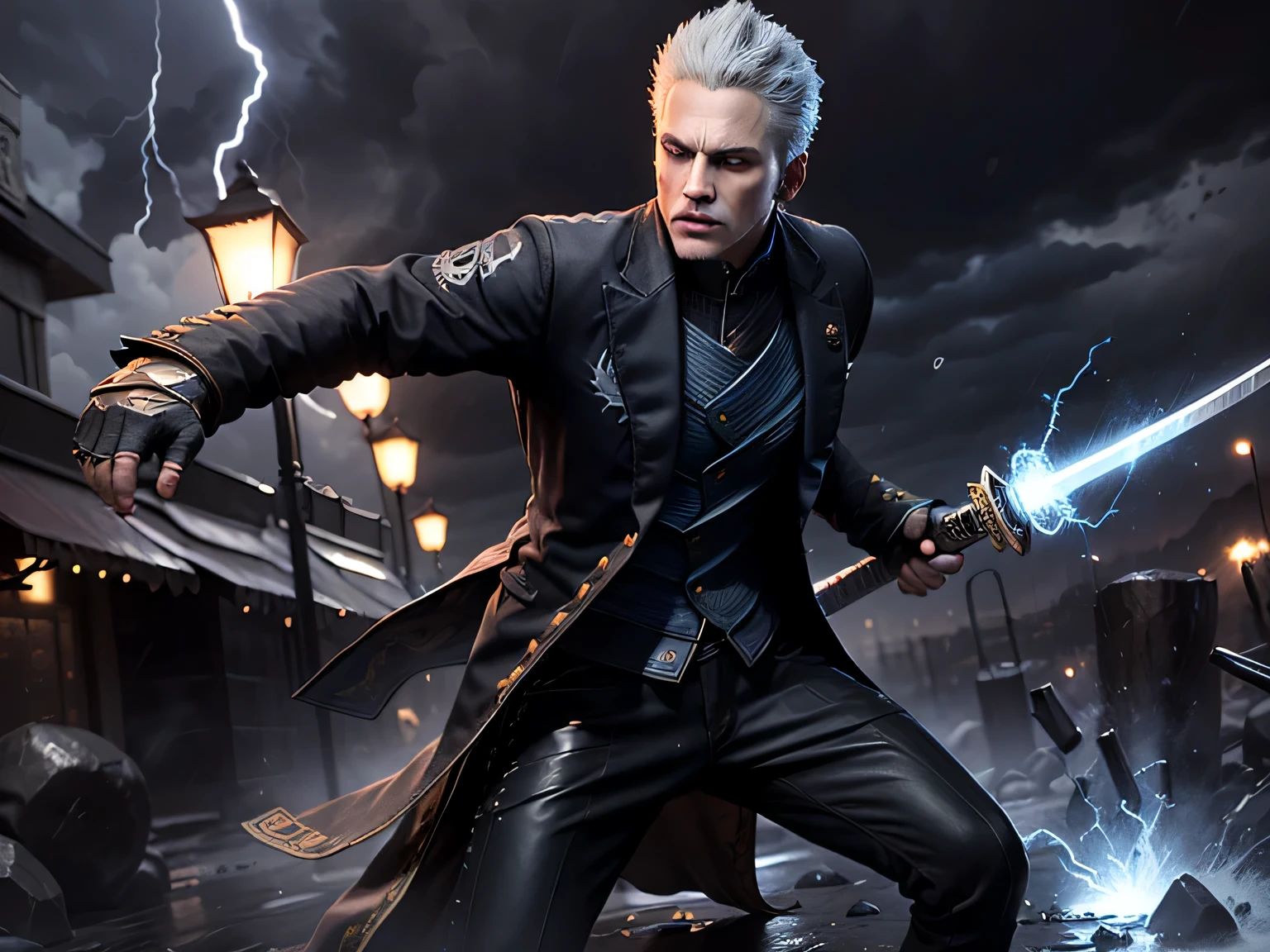 Character:
Vergil from Devil May Cry 5 is shown in an intense, dynamic close-up. He possesses striking features that demand attention:
Vergil's short, pure white hair at the back is perfectly groomed, adding to his aura of precision.
His piercing black eyes are focused and determined, drawing viewers into his intense gaze.
He dons a tailored, fitted black suit that accentuates his powerful physique, emphasizing clean lines and sharp edges.
Clad in a crisp, white dress shirt underneath, the contrast between the white shirt and black suit showcases his elegant yet imposing presence.
His black dress shoes complete the ensemble, adding a touch of sophistication.
In his hands, Vergil wields a katana with a polished silver blade that gleams with a razor-sharp edge. The Japanese-style handguard adds an exotic and deadly touch.
The overall look exudes an air of sophistication and danger, with every detail meticulously crafted to perfection.
Environment:
The scene is set in the midst of an electrifying thunderstorm, placing Vergil at the center of the chaos:
The intense thunderstorm background features forked lightning bolts that illuminate the scene with vibrant flashes of light.
Electrical sparks crackle and dance in the background, adding an element of unpredictability and danger to the atmosphere.
The wind-blown debris swirling around Vergil adds to the dynamic energy of the scene, creating a sense of movement and urgency.
The high-quality texture of the environment adds depth and realism to the overall composition.
Motion blur enhances the sense of action, making Vergil appear as if he's in the midst of a battle.
Particle effects, such as raindrops and swirling wind, further immerse the viewer in the stormy setting.
The use of HDR (High Dynamic Range) and UHD (Ultra High Definition) ensures that every detail is captured in stunning clarity, making the scene truly come to life.