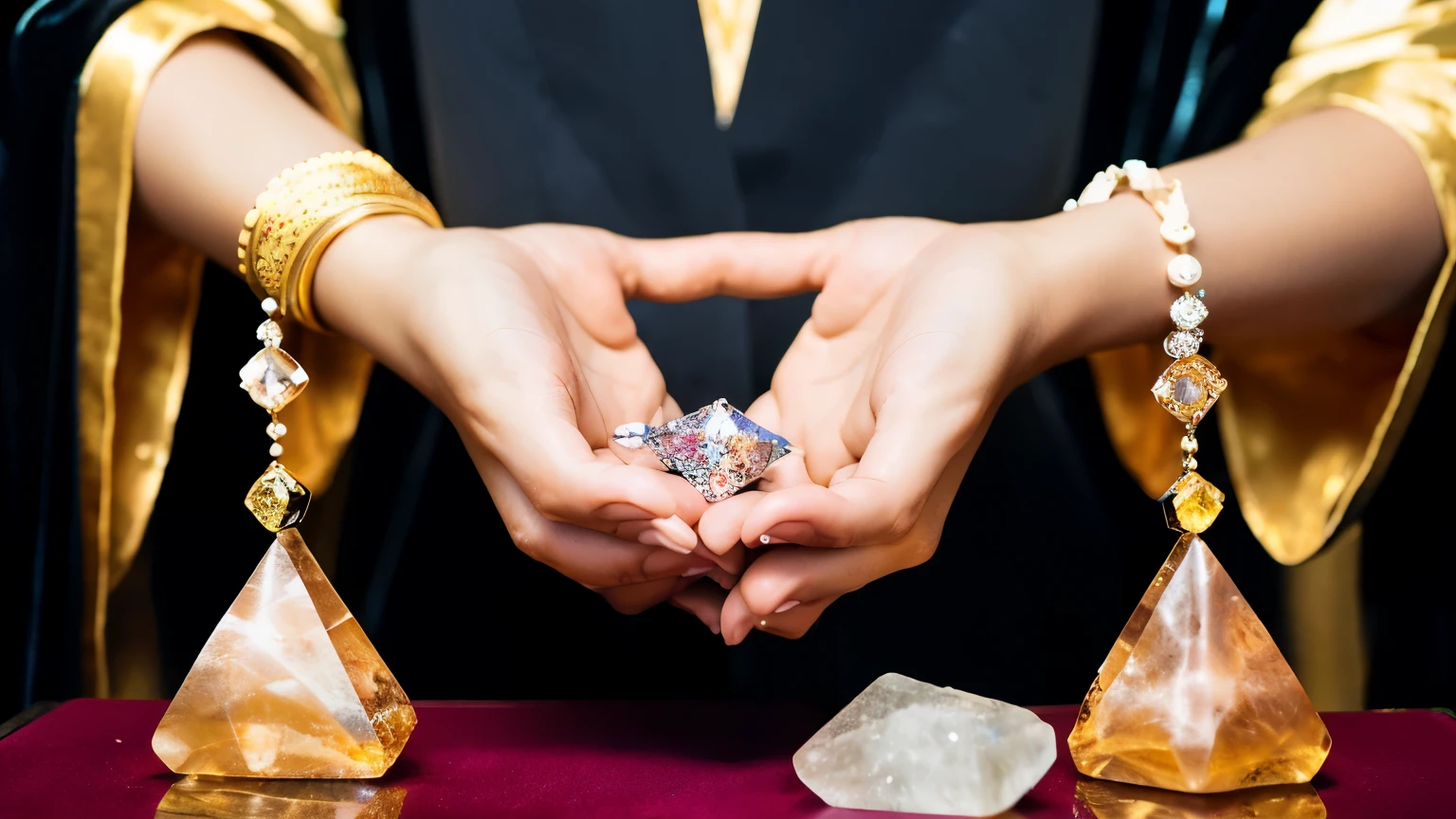 ((highest quality)), ((masterpiece)), (detailed), Perfect Face,fortune teller,Wearing a robe,Mysterious oriental woman,Star dust,Crystal Jade,front,looking at the camera,Crystals in both hands

