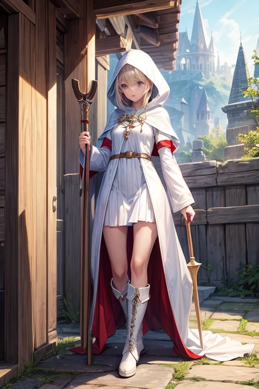 kind girl, white mage, wooden ancient staff, cloak, hooded, short dress, long boots, medieval environment