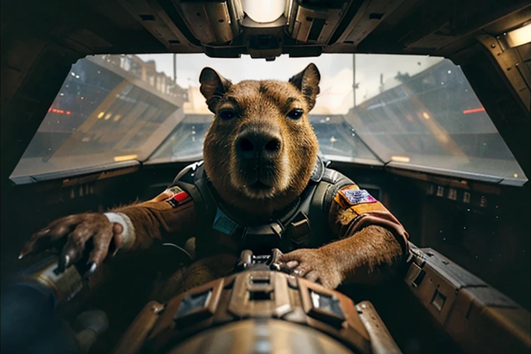 capybara piloting an x-wing spacecraft, closeup of pilot, flight suit, lasers, space battle, looking into cockpit through window, highly detailed, analog photo, realistic