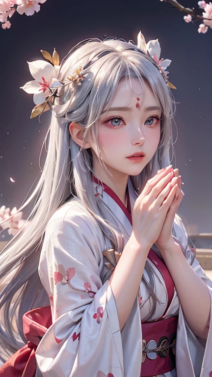 
((Praying Hands)),Upper Body,(Long silver hair),Cherry blossom hair accessory,red kimono,Beautiful and delicate face,blush,(sky blue eyes),Watery eyes,Extremely fine resolution,highest quality,Golden Background,((magic circle))