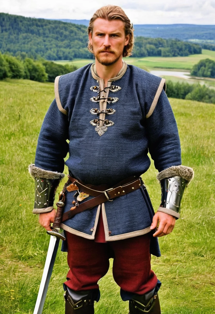 Hagen of Tronje, a central figure in the Nibelung Saga and a renowned warrior of Germanic legend, would likely have worn attire reflective of his status as a nobleman and warrior in medieval Europe.
His garments would have been practical yet distinguished, made from sturdy fabrics such as wool or linen. Hagen's attire would have been designed for both functionality in battle and display of his social standing.
As a warrior, Hagen would have worn a tunic or overtunic, possibly adorned with simple embroidery or trimmings along the edges. Over his tunic, he may have worn a sleeveless gambeson or padded jacket for protection in battle, possibly reinforced with leather or metal plates.
His trousers would have been practical and durable, likely made of wool or leather, and fastened at the waist with a leather belt adorned with metal buckles or clasps. Tucked into his trousers, Hagen would have worn woolen leg wraps or hose, providing additional warmth and protection for his legs.
On his feet, Hagen would have worn sturdy leather boots or shoes, laced tightly for support and stability during combat. His attire would have been complemented by a cloak made of wool or fur, worn draped over his shoulders for added warmth and protection from the elements.
As a nobleman and warrior, Hagen may have also worn armor for protection in battle, such as a mail shirt or hauberk made of interlocking metal rings. Additionally, he would have carried weapons such as a sword, shield, and possibly a spear or axe, essential tools of the medieval warrior.
This historically accurate depiction of Hagen of Tronje's clothing captures the rugged simplicity and functionality of medieval attire, reflecting the martial culture and social hierarchy of the time.