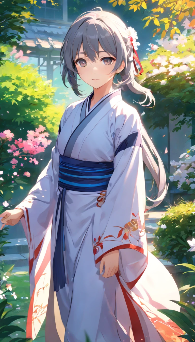 (Girl:1.5),race,ribbon,Hanfu,(masterpiece, Side light, beautiful grey eyes,Attention to detail: 1.2), masterpiece, Realistic, Glowing Eyes,Shiny Hair,Black Hair,Long white hair, Glowing Skin, alone, Embarrassing,No shoulder strap,Exquisite,Make it beautiful,garden,Flowers,Flying petals,