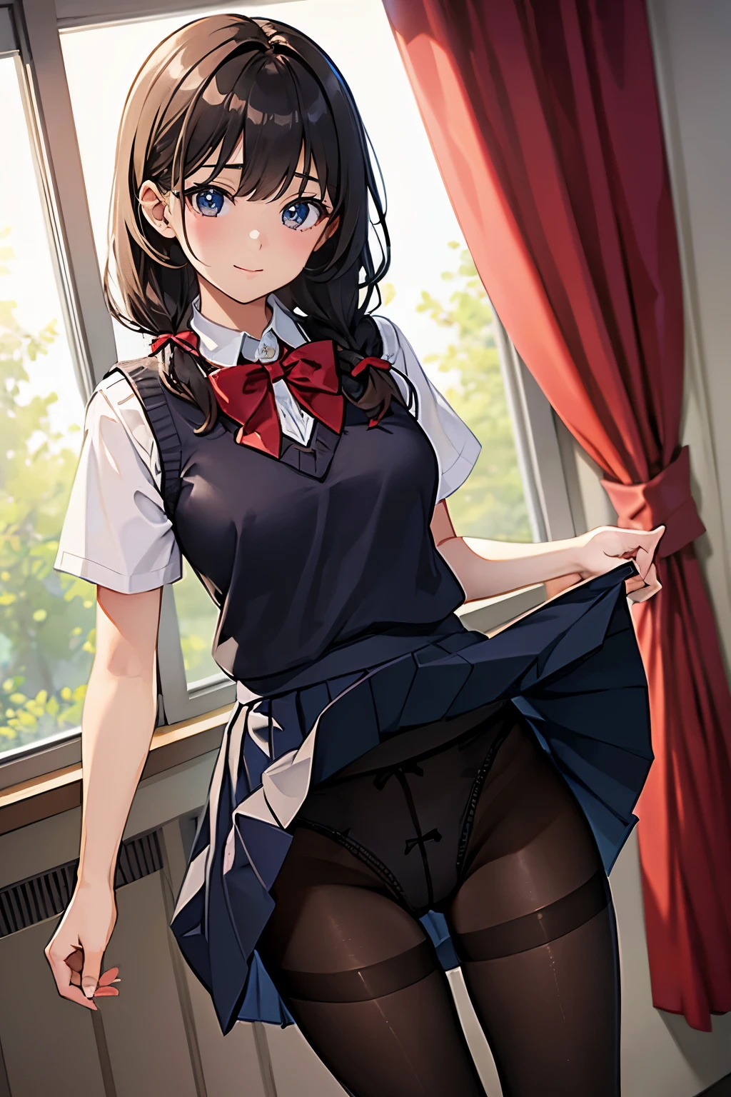 masterpiece、highest quality、1 girl、high school girl、18-year-old、Perfect Face、Shiny skin、Random Uniform、(Random Hairstyles)、Big eyes、tall)、Beautiful Hair、Beautiful Eyes、Perfect proportions、Beautiful thighs、Beautiful legs、Beautiful fingers、((High-quality fabric、brown knit vest、Short sleeve white collar shirt、Navy Pleated Skirt、A bow tie))、After school in the classroom、(smile)、(((((Skirt lift with both hands、Panties and pantyhose are visible)))))