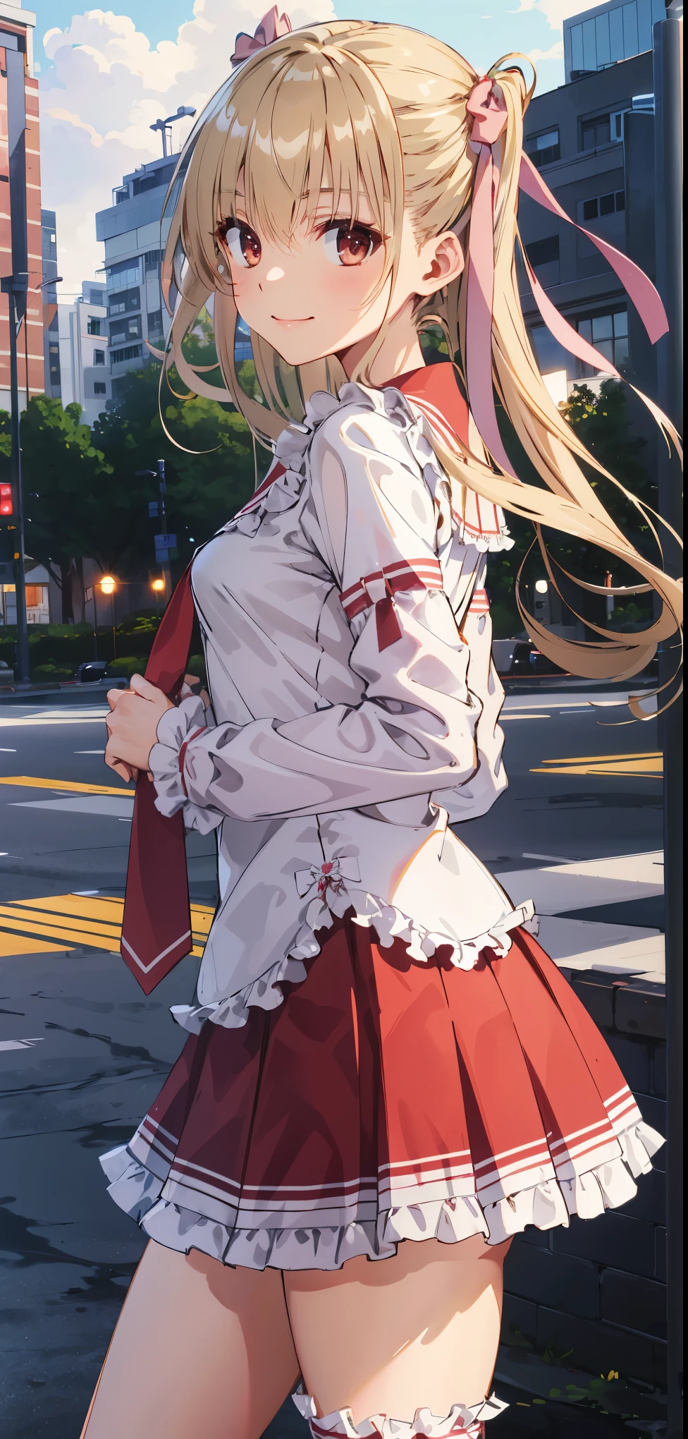 Anime girl in a short skirt and a white shirt with a pink bow - SeaArt AI
