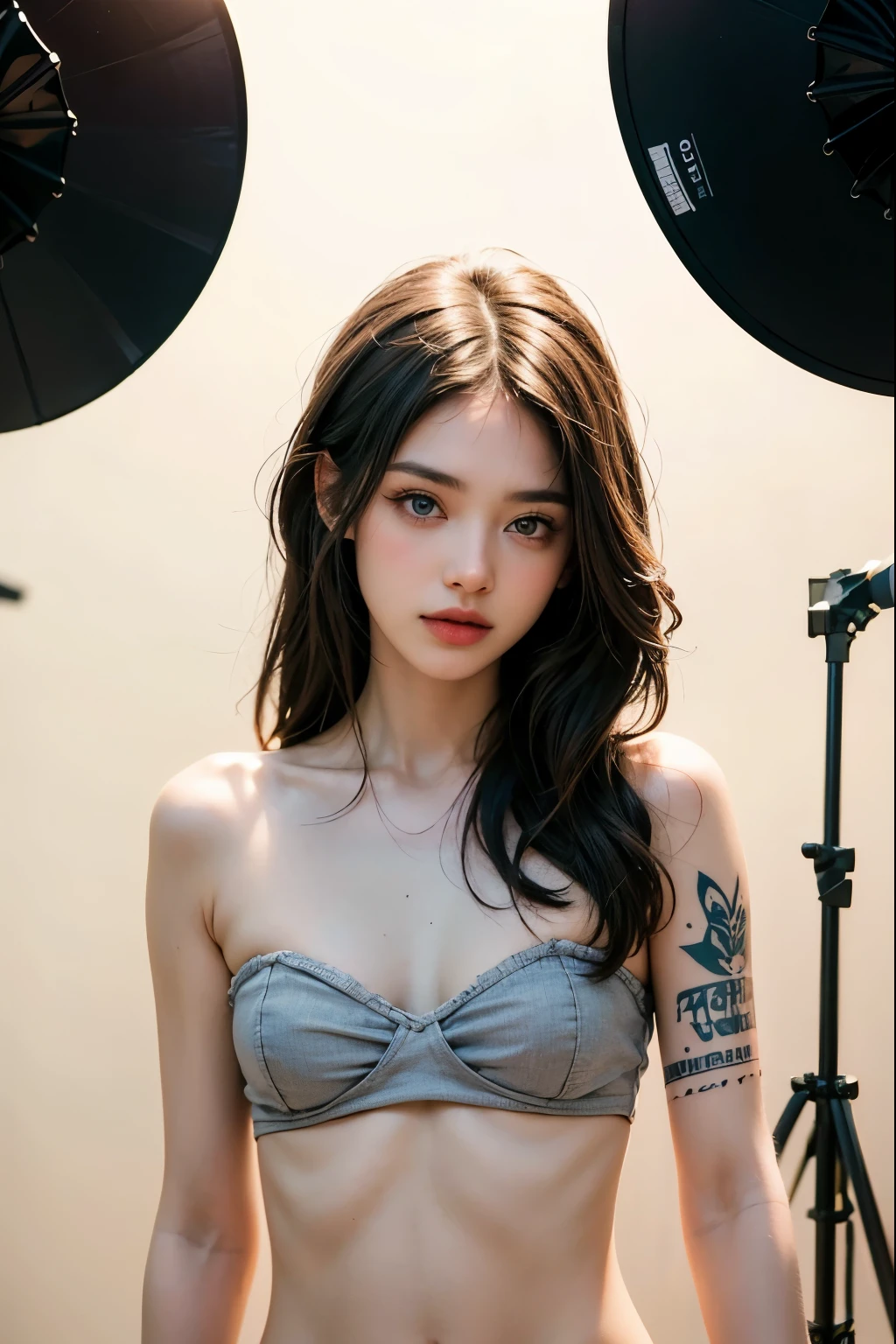 photo of pretty woman, 21 year old woman, (plain photography studio background:1.6), epiC35mm, film grain, (freckles:0.4), upper body shot, (plain background:1.6),, arm tattoo, full-body tattoo, tattoo, black bandeau, black hair, photo of perfecteyes eyes, perfecteyes eyes