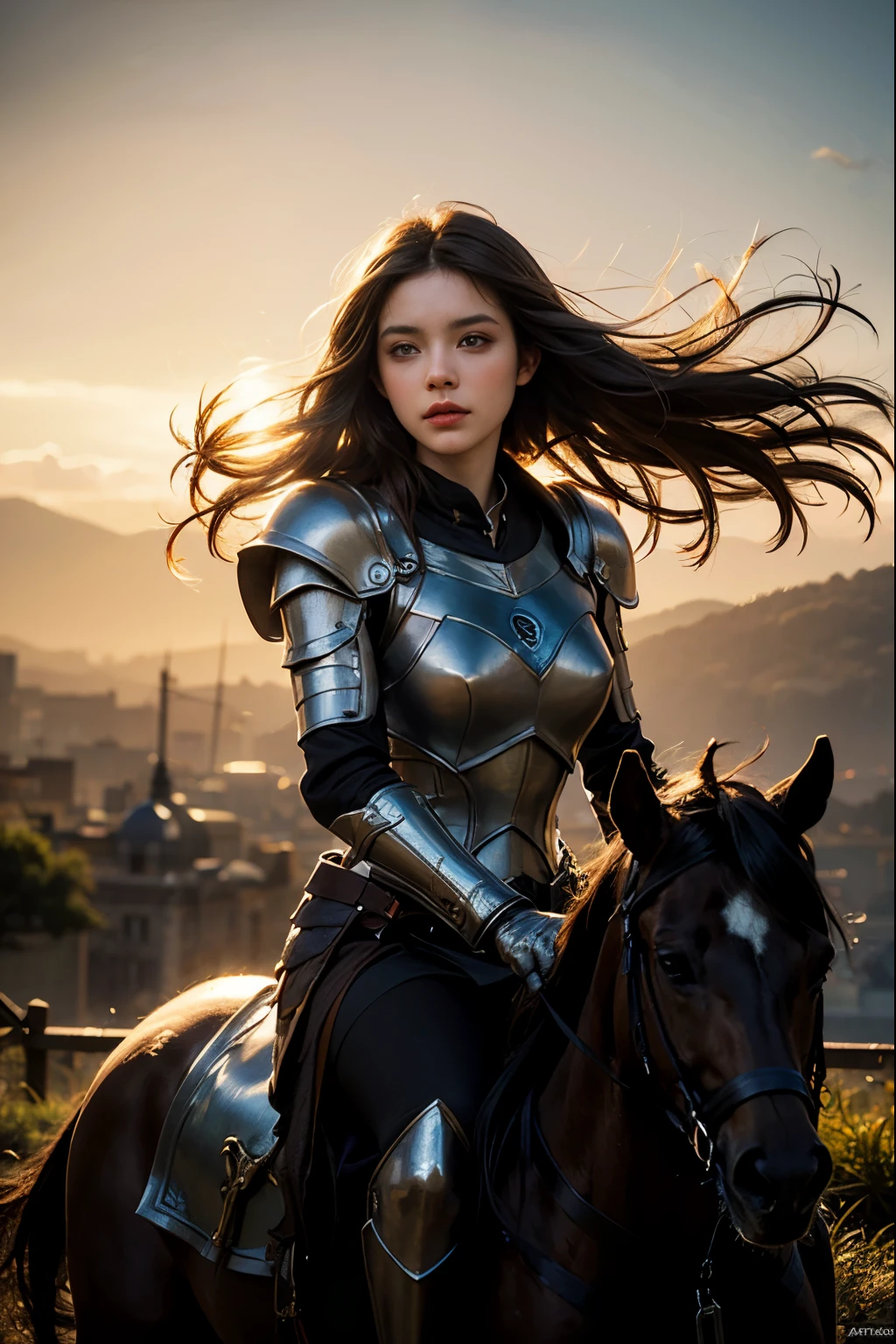  masterpiece, 8k beautiful 25 year old, symmetrical face, symmetrical eyes, hyper 8k detailed photo, 8k resolution concept art by greg rutkowski, artgerm, wlop, alphonse Mucha, beeple, caravaggio, hyper- detailed intricately detailed art trending on artstation triadic colors unreal engine 5 volumetric lighting, perfect composition, beautiful detailed intricately insanely detailed octane render trending on artstation, 8 k artistic photography, photorealistic, soft natural volumetric cinematic perfect light, chiaroscuro, masterpiece, oil on canvas, digital painting, symmetrical, illuminating, detailed face, smooth soft skin, ultra-realistic, soft hairs, looking into the camera, sf, intricate artwork ominous, matte painting movie poster, golden ratio, trending on cgsociety, intricate, epic, trending on artstation, highly detailed, vibrant, production cinematic character render, ultra high quality model, beautiful body, (((a medieval herald woman in dark armor riding a horse, dark hair, punk hairstyle, hair blowing in  wind,))) perfect composition, beautiful detailed intricate insanely detailed octane render trending on artstation, 8 k artistic photography, photorealistic concept art, soft natural volumetric cinematic perfect light, chiaroscuro, masterpiece, oil on canvas, beksinski, giger, raw ana-log photo