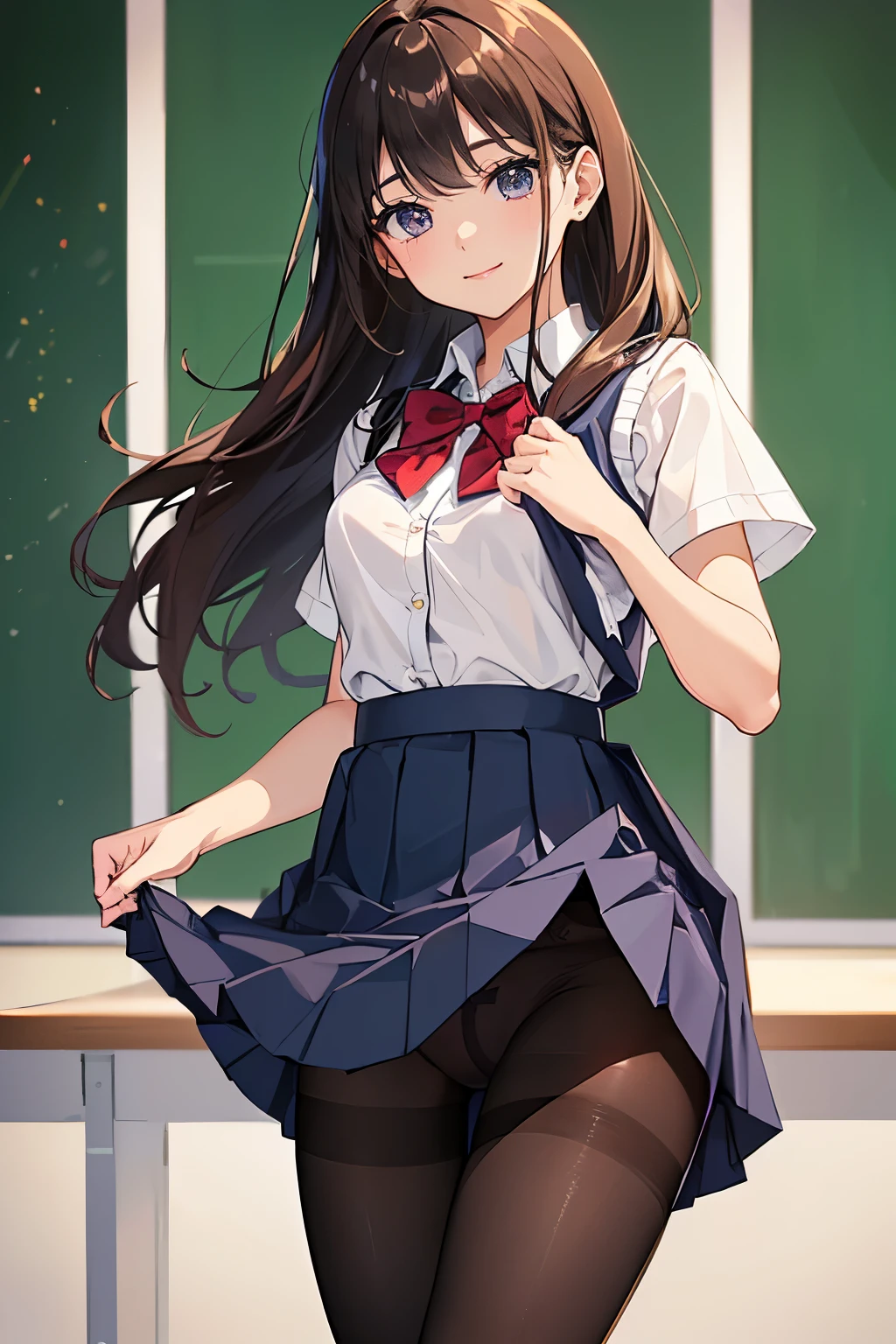 masterpiece、highest quality、1 girl、high school girl、18-year-old、Perfect Face、Shiny skin、Random Uniform、(Random Hairstyles)、Big eyes、tall)、Beautiful Hair、Beautiful Eyes、Perfect proportions、Beautiful thighs、Beautiful legs、Beautiful fingers、((High-quality fabric、brown knit vest、Short sleeve white collar shirt、Navy Pleated Skirt、A bow tie))、After school in the classroom、(smile)、(((((Skirt Lift、Panties and pantyhose are visible)))))
