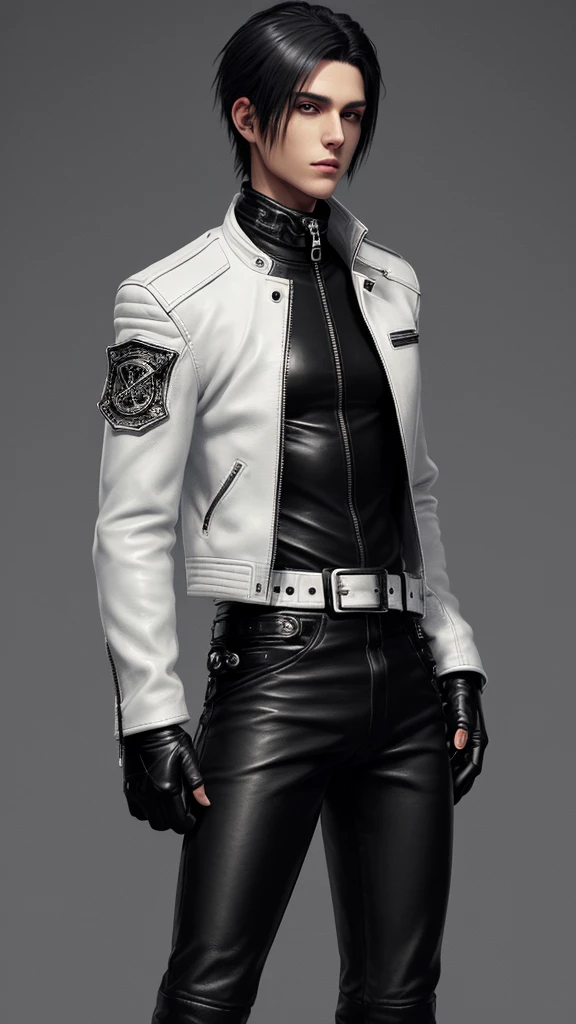 Final Fantasy-style graphics, young, Cute and cool Japanese boys, Thin eyebrows and big eyes, He is wearing a shiny white single-breasted leather jacket...。Biker style leather jacket、 with epaulettes, The jacket is zipped up, The jacket pockets are black., The jacket has a high stand-up collar with a belt, Also wearing a black turtleneck, black leather pants, Thin black leather gloves on both hands, Black leather knee-high lace-up boots, Show me your whole body from head to toe, Final Fantasy Style、((good looking))、((Clear eyes and nose))、((Shiny white single leather jacket))、((The jacket must be white))((The jacket has epaulettes))、((The jacket has a high stand-up collar and a belt.))、((The jacket has a black pocket))、((Black turtleneck shirt))、((Shiny black leather pants))、((Shiny black leather gloves on both hands))、((Black lace-up leather long boots))、((View the whole body image from a distance))、Realistic image quality and texture、、close your eyes、A kind smile、((The jacket is closed with a zipper))、((No exposed skin below the neck))