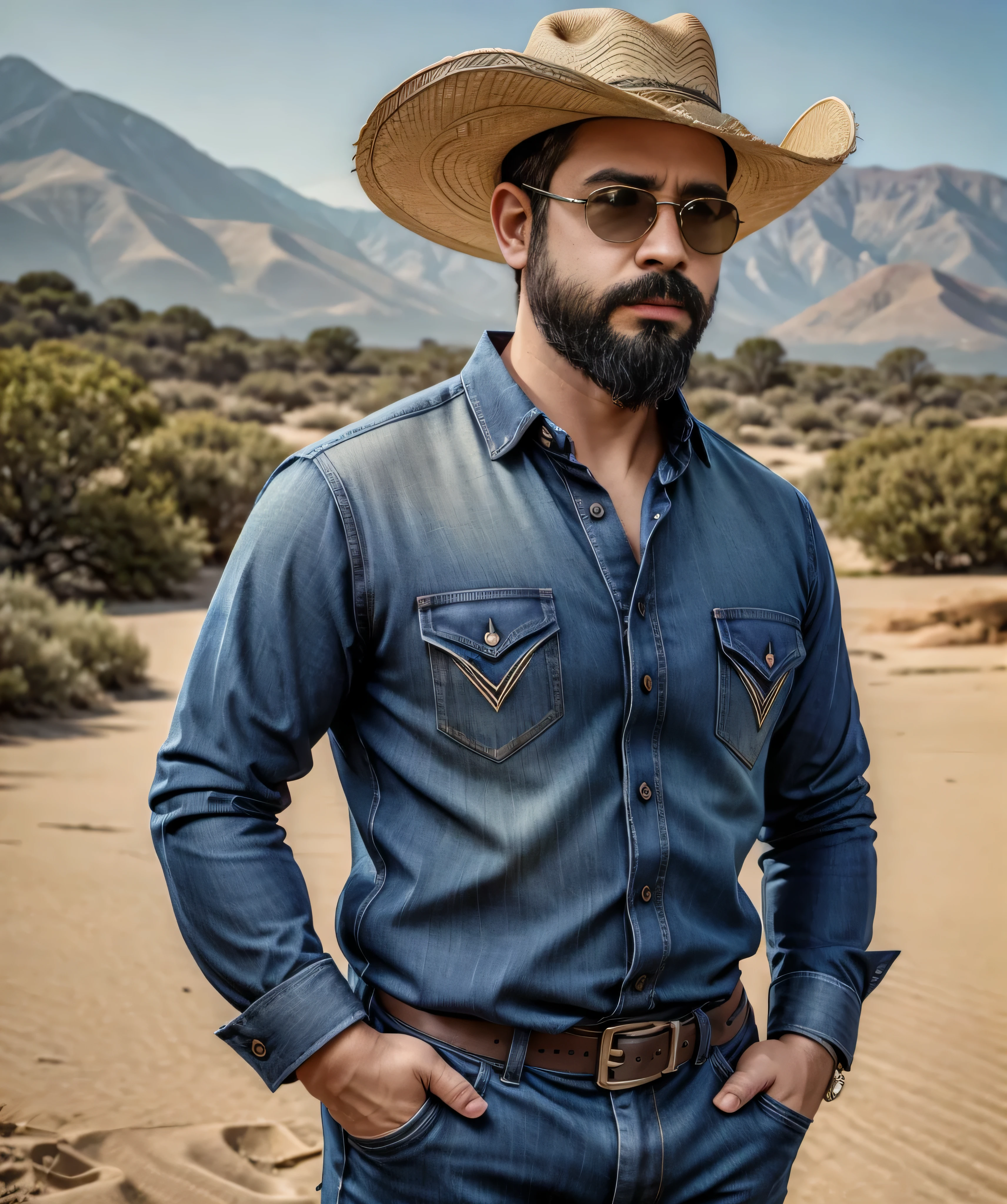 Obra maestra, desenfoque de campo, Parte superior del cuerpo, Hands in pants pockets , 38 year old man with beard., sombrero vaquero y gafas de sol. Man in a plaid shirt in a Netflix drug trafficking series with a sunset in the background.