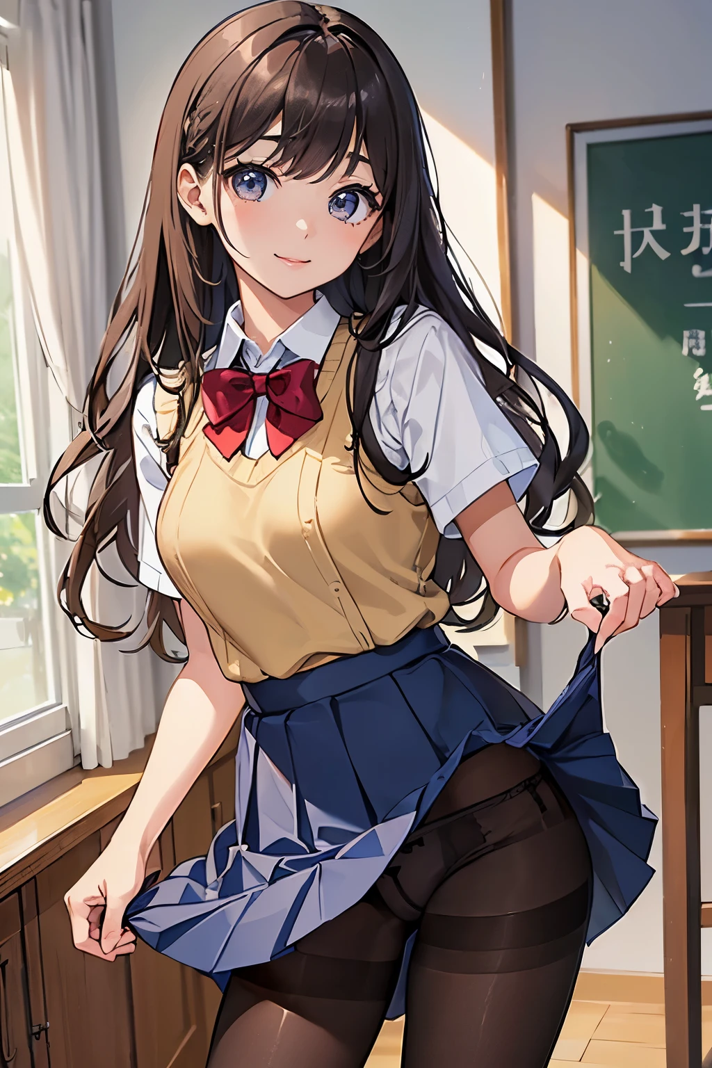 masterpiece、highest quality、1 girl、high school girl、18-year-old、Perfect Face、Shiny skin、Random Uniform、(Random Hairstyles)、Big eyes、tall)、Beautiful Hair、Beautiful Eyes、Perfect proportions、Beautiful thighs、Beautiful legs、Beautiful fingers、((High-quality fabric、brown knit vest、Short sleeve white collar shirt、Navy Pleated Skirt、A bow tie))、After school in the classroom、(smile)、(((((Skirt lift with both hands、Panties and pantyhose are visible)))))