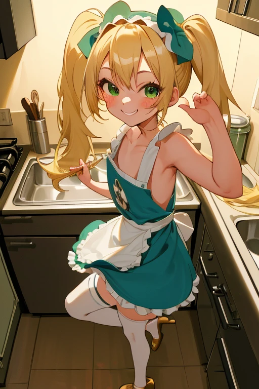 ((Masterpiece)), ((Best Quality)), (Ultra-detailed), ((high definition 4k)) Anime style, on the bed, Cute, 1girl in, Solo, ((Beautiful green eyes)), Smile, (thin legs), ((on kitchen)), details in the environment, face the lens, full body, lesbian, seductive, seductive smile, seductive eyes, undressing, raped, accurate depiction of the human body, 1 girl, cute, bratty, spoiled, blonde hair, twintails, long hair, cute, bratty, treasing look, dim lighting, green eyes, smiling, sassy, sassy smile, small, blond hair, long blond hair, twintails, twin-tails, golden twintails, blond twintails, (bows on hair), (long blond twintails), laughing at viewer, hand near mouth in a laghing pose, mouth slightly opened, laughing, laughing expression making of at POV, blue onepiece 1girl, naked apron, (white apron), ((kitchen)) ,smile,curtsey,headdress, thigh highs, heels, (****), (junior high youn girl)