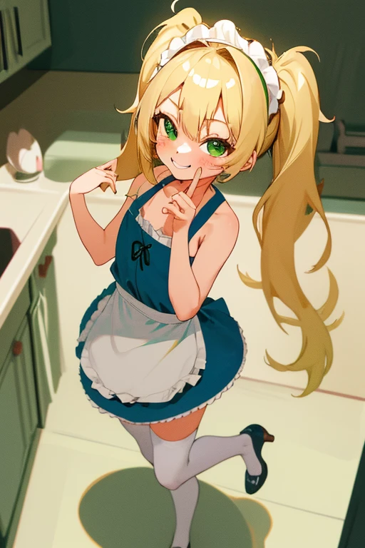 ((Masterpiece)), ((Best Quality)), (Ultra-detailed), ((high definition 4k)) Anime style, on the bed, Cute, 1girl in, Solo, ((Beautiful green eyes)), Smile, (thin legs), ((on kitchen)), details in the environment, face the lens, full body, lesbian, seductive, seductive smile, seductive eyes, undressing, raped, accurate depiction of the human body, 1 girl, cute, bratty, spoiled, blonde hair, twintails, long hair, cute, bratty, treasing look, dim lighting, green eyes, smiling, sassy, sassy smile, small, blond hair, long blond hair, twintails, twin-tails, golden twintails, blond twintails, (bows on hair), (long blond twintails), laughing at viewer, hand near mouth in a laghing pose, mouth slightly opened, laughing, laughing expression making of at POV, blue onepiece 1girl, naked apron, (white apron), ((kitchen)) ,smile,curtsey,headdress, thigh highs, heels, (loli), (junior high youn girl)