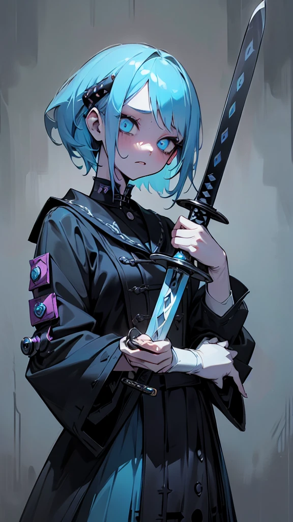 ((18-year-old punk girl,Unusual punk hair:1.3)),((Blue and white British punk fashion:1.5)),(Light black and blue hair:1.5、Long Bangs:1.5、short hair)Studded clothing、((Holding a sword in his right hand:1.5))、((Small backpack on the back))、(Narrow and small eyes),Wacky makeup、Breast augmentation, (masterpiece), (High resolution), (Very delicate), nightmare, doll-like face, Manga style, Horror elements, Manga styleイラスト, Japanese painting, phantom, (Spooky), Japan sculpture, crazy illustration, antique, Dark atmosphere, Flat Illustration,Spookyな外観, Unique atmosphere