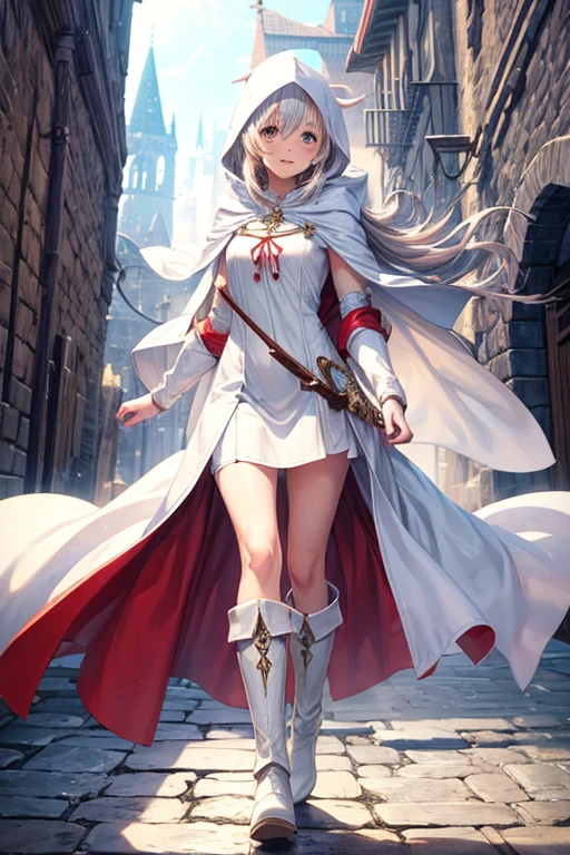 happy girl, white mage, cloak, hooded, short dress, long boots, medieval environment, doing magic