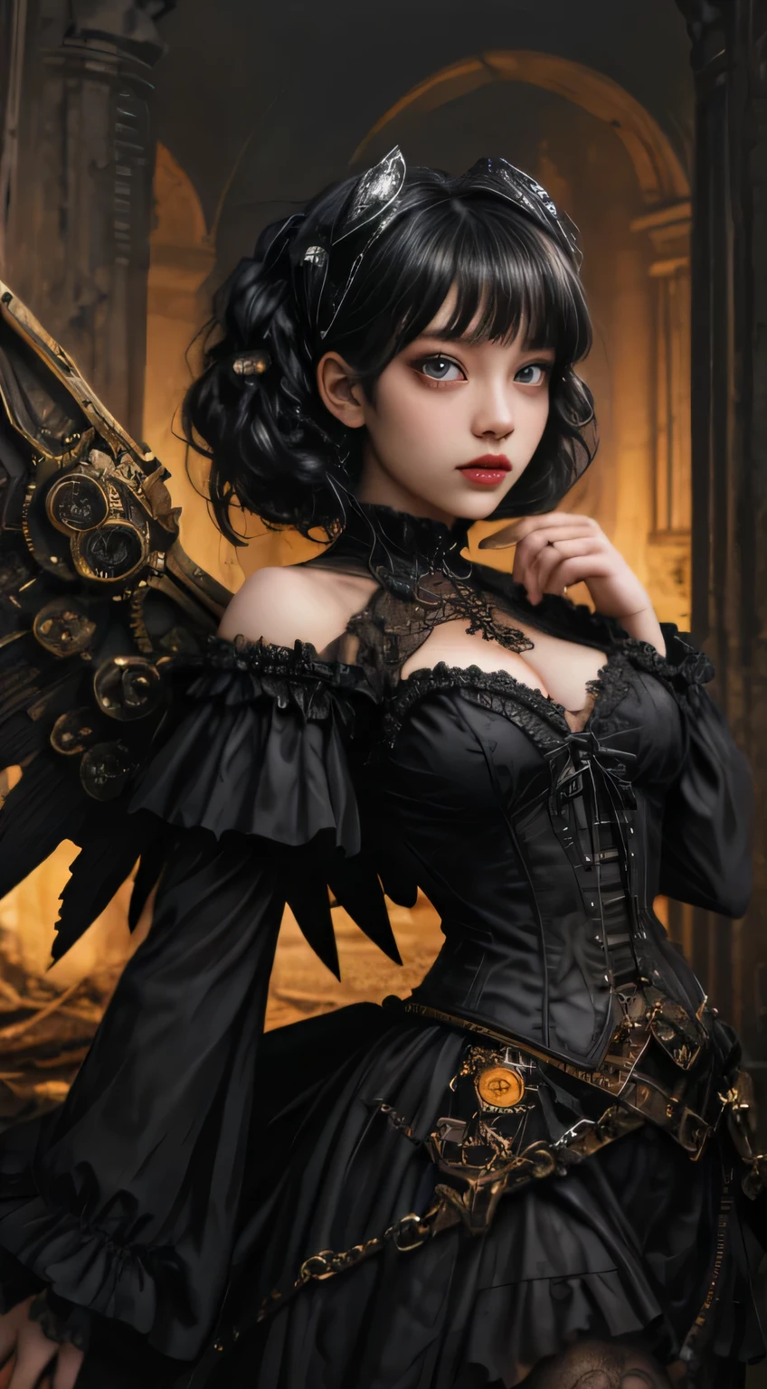 Mechanical Doll Girl, very cute,very cute, (((Very super realistic))), (((Very realistic and precise eyes))), (((Victorian Rococo style, metallic feel, shiny metal, Clothes that shine like metal, Gothic and ta, Off the shoulder, Very over the top steampunk))), (((Complex mechanical wings))), (((Decadent Surrealism))), 14 yper short bangs bob, Jet-black and shiny hair, Flared pleated mini skirt with lace and ruffles, Skeleton body, iridescent light, background details, organic, Neon tube connection. Special spells, Special Magic, (((Very dark dramatic movie lighting, Very dark ruins, Deep Depth of Field))), (((Very big slanted eyes, Shiny black eyes))), Long eyelashes, Thin nose, Little mouth, Glossy beige lips, Thin chin, White and bright skin and slender figure.