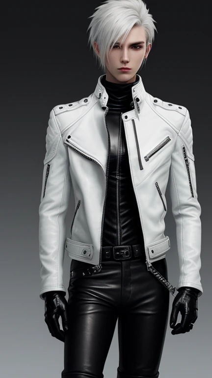 Final Fantasy-style graphics, young, Cute and cool Japanese boys, Thin eyebrows and big eyes, He is wearing a shiny off-white leather single-breasted jacket.。.。.。., with epaulettes, The jacket is zipped up, The jacket pockets are black., The jacket has a high stand-up collar with a belt, Also wearing a black turtleneck, black leather pants, Thin black leather gloves on both hands, Black leather knee-high lace-up boots, Head to Toe, Please show me your whole body, Final Fantasy Style、good looking、Clear eyes and nose、((Shiny white single-breasted leather jacket))、((The jacket has epaulettes))、((The jacket has a stand-up collar and a belt))、((The jacket has a black pocket))、((Black turtleneck shirt))、((Shiny black leather pants))、((Shiny black leather gloves on both hands))、((Black lace-up leather long boots))、((Head to Toe表示))、Realistic image quality and texture、In a small brick cell、close your eyes、A kind smile、((The jacket is closed with a zipper))