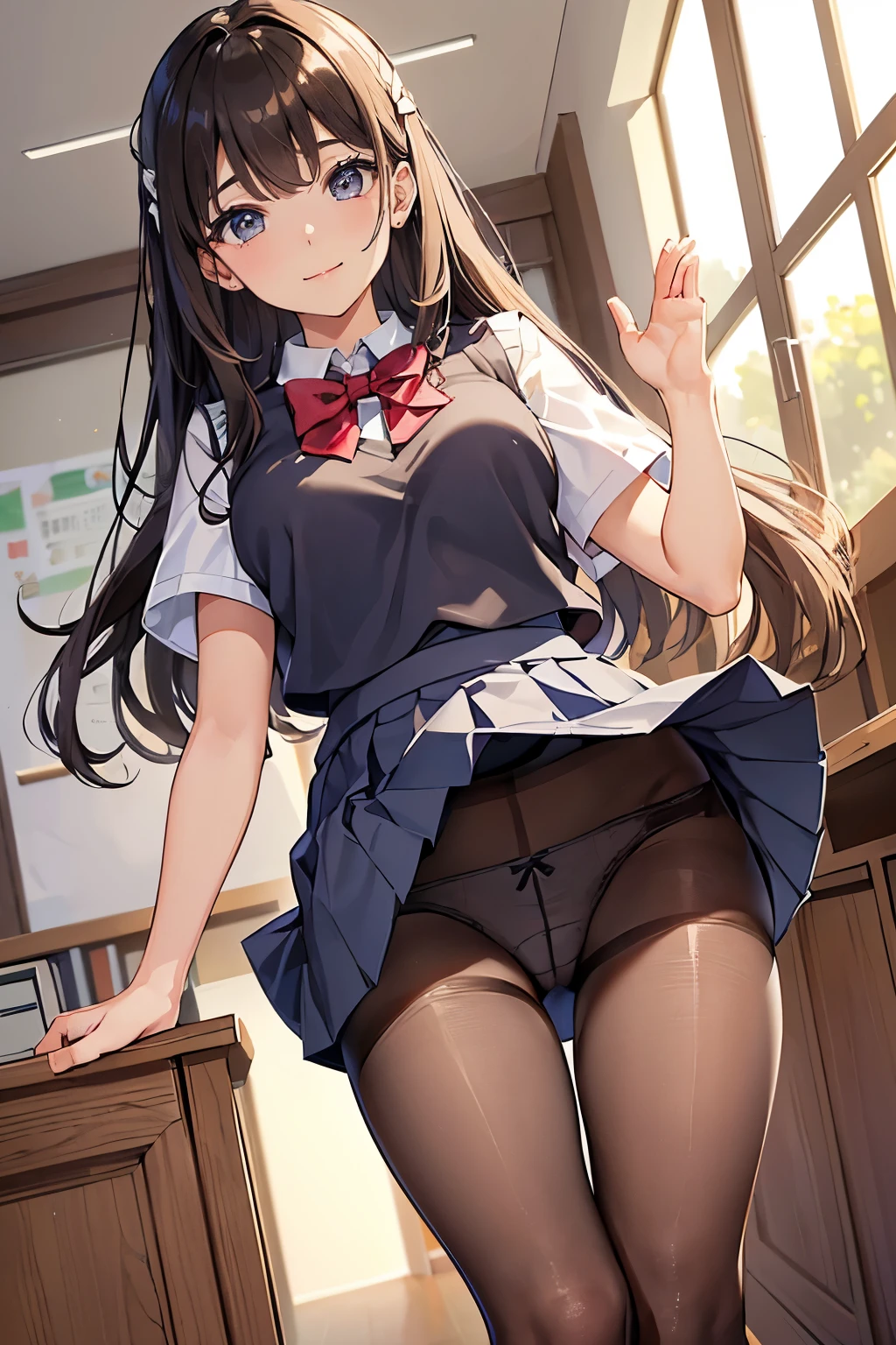 masterpiece、highest quality、1 girl、high school girl、18-year-old、Perfect Face、Shiny skin、Random Uniform、(Random Hairstyles)、Big eyes、tall)、Beautiful Hair、Beautiful Eyes、Perfect proportions、Beautiful thighs、Beautiful legs、Beautiful fingers、((High-quality fabric、brown knit vest、Short sleeve white collar shirt、Navy Pleated Skirt、A bow tie))、After school in the classroom、(smile)、(((((Skirt lift with both hands、Panties and pantyhose are visible)))))