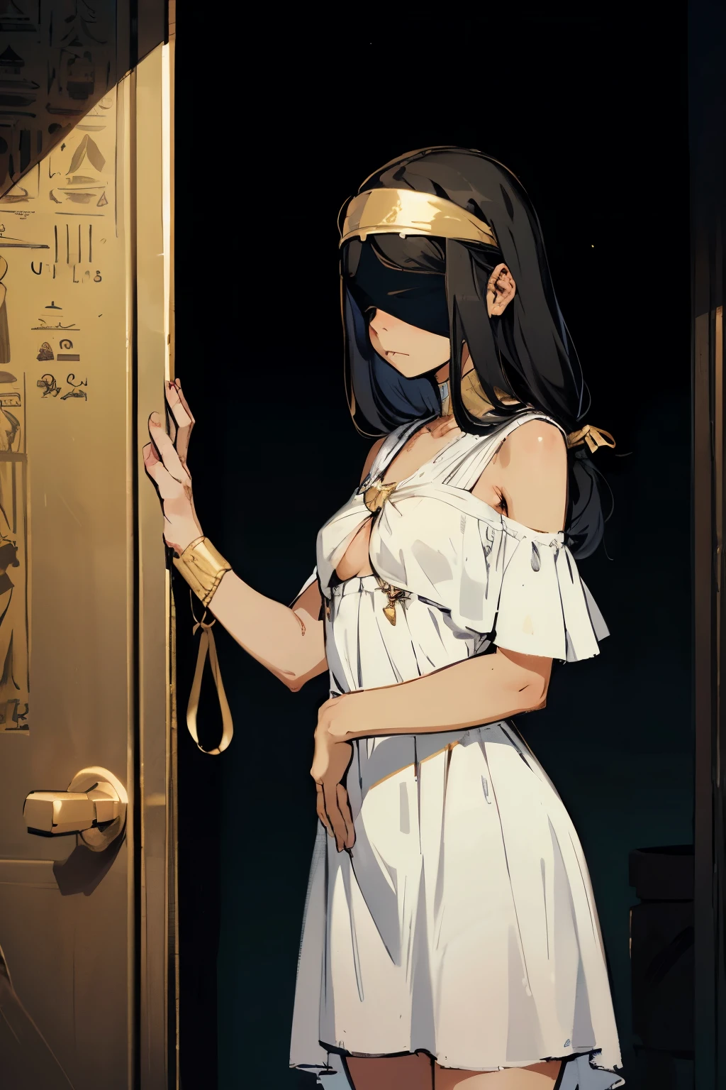 ten years old girl standing opens door, egyptian girl, girl with blindfolded eyes, metal blindfold, golden blindfold, small breast, sad girl, fancy egyptian white dress, long black hair with bang, anime style