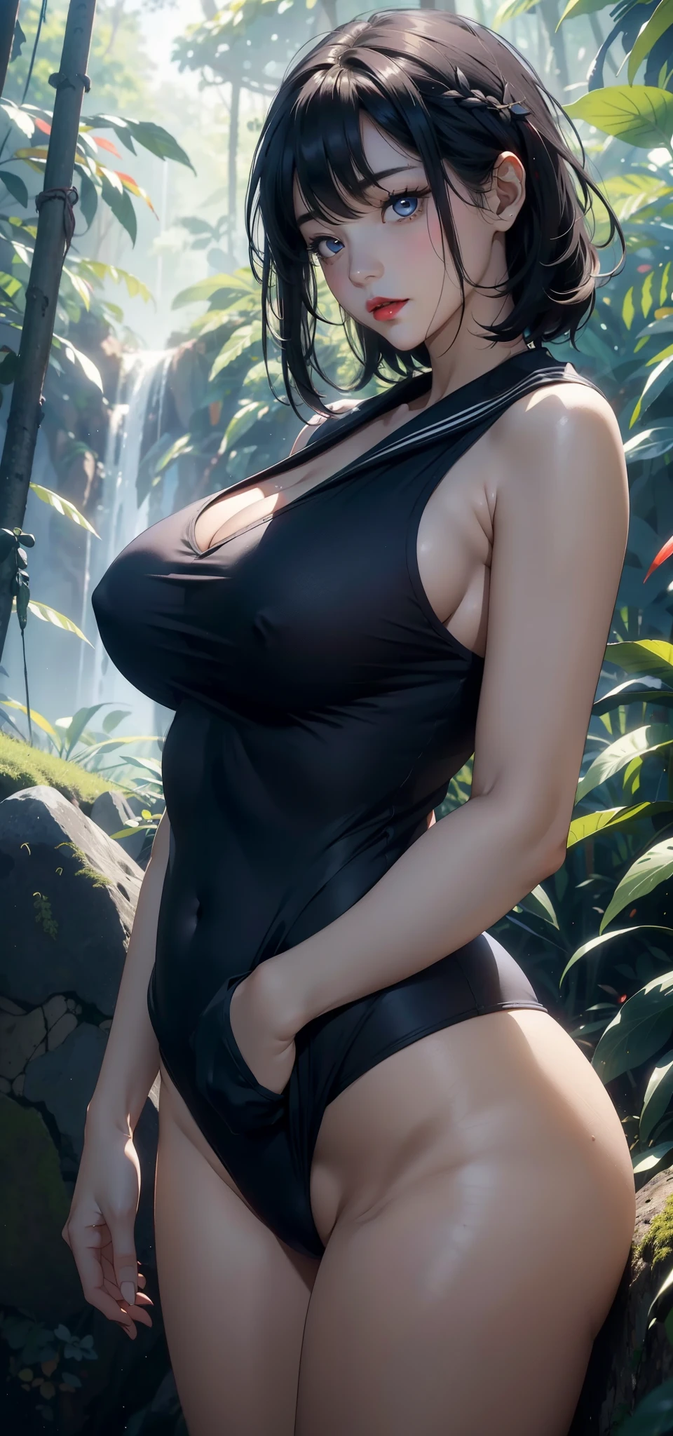 1 female,45 years old,Married Woman,MILF,Super big breasts,a little fat,Thin waist,Long legs, 照片曝Light,(background:In the woods,Rainforest,In the summer,Strong wind) She has short black hair,Bangs,,Bob,Straight Hair,Red lips,stand up,Front view, OK, Gloomy sky,(((masterpiece),(Highly detailed CG Unity 8k wallpaper),最OK质量,Light,详细background,beautiful eyes,(Very delicate and beautiful),(Beautiful and detailed description of the eyes),Ultra Detailed,masterpiece,)),face camera,high resolution,Ultra Detailed),Exposing breasts,Exposing genitals, Convex,Camel toe,Sexy bulge,Primary school students(wear:Sailor Suit,nude)