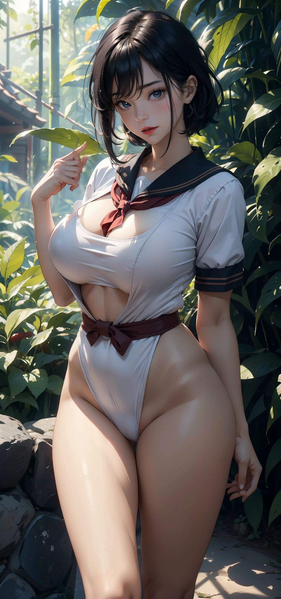 1 female，45 years old，Married Woman，MILF，Super big breasts，a little fat，Thin waist，Long legs， 照片曝Light，（background：In the woods，Rainforest，In the summer，Strong wind） She has short black hair，Bangs，，Bob，Straight Hair，Red lips，stand up，Front view， OK， Gloomy sky，（（（masterpiece），（Highly detailed CG Unity 8k wallpaper），最OK质量，Light，详细background，beautiful eyes，（Very delicate and beautiful），（Beautiful and detailed description of the eyes），Ultra Detailed，masterpiece，）），face camera，high resolution，Ultra Detailed），Exposing breasts，Exposing genitals， Convex，Camel toe，Sexy bulge，（wear：Sailor Suit，nude）