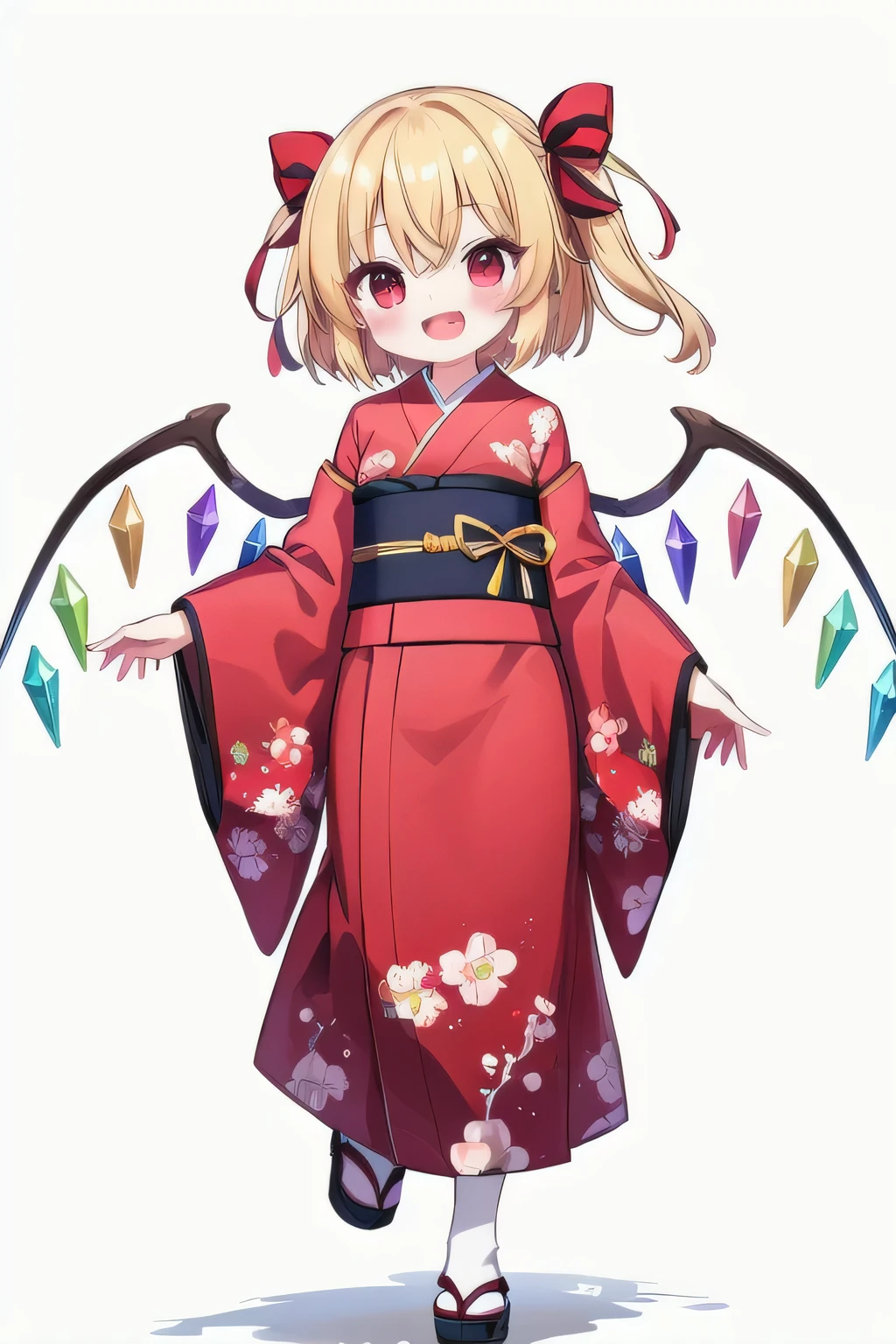 masterpiece, top quality, super detailed, CG illustration, high resolution, better lighting, best shadows, very delicate and beautiful, proper shading, hd, 8k,flandre scarlet, 1girl, solo, looking at viewer, blush, smile, short hair, open mouth, bangs, blonde hair, simple background, red eyes, long sleeves, white background, standing, full body, :d, frills, japanese clothes, wings, alternate costume, fang, wide sleeves, kimono, hair bun, black footwear, sash, one side up, obi, floral print, crystal, red kimono