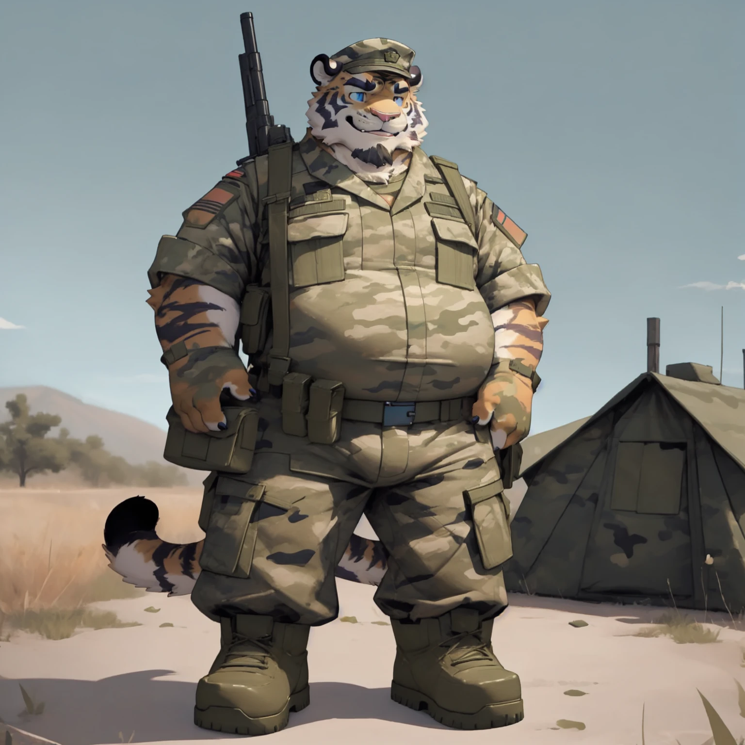 New Jersey 5 Furry,Tiger，portrait，Exquisite， Chubby，Fat，Thick arms，Rugged muscles，plush fur，Chubby脸，Black eyebrows，Sky blue eyes，Beard，military camp，Camouflage Army Uniform，Camouflage Army Trousers，Camouflage boots，Standing，Smile