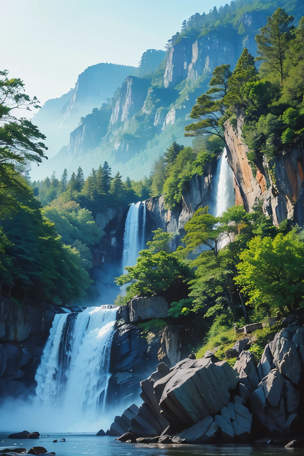 the most beautiful and auspicious chinese ink painting ever, mysterious mountains and waterfall, blue and green, little red