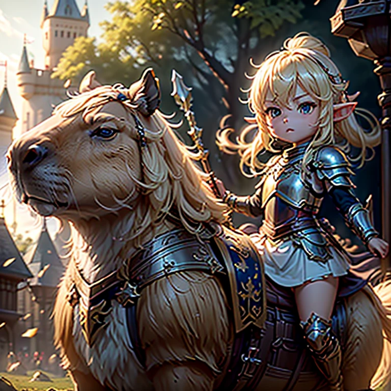 #quality(8k,wallpaper of extremely detailed CG unit, ​masterpiece,hight resolution,top-quality,top-quality real texture skin,hyper realisitic,increase the resolution,RAW photos,best qualtiy,highly detailed,the wallpaper,cinematic lighting,ray trace,golden ratio,), BREAK ,(the 1chibi elf knight is riding on 1capybara as cavalryman and attacking enemies),#1chibi elf(chibi,cute,kawaii,elf,blonde hair,hair floating,knight,white armor,holding spear),#1capybara(armored,cute,kawaii,furry),#background(outside,can see the castle far,at battlefield),fullbody