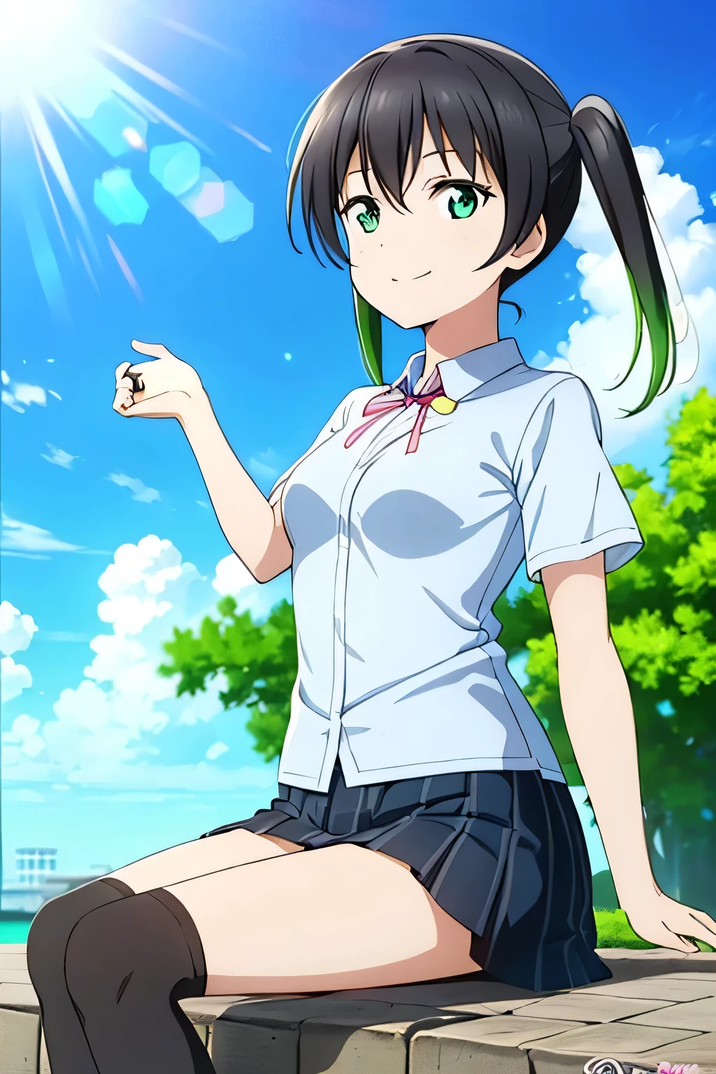 (highest quality, Tabletop:1.2), One Girl, alone, (Upper Body:1.2),  View your viewers, Are standing, smile, sunlight, Lens flare, Light on the face, Sky Porn, blue sky, Sitting, Glow Eyes, From below, Mouth closed, Beautiful blue sky,
takasaki yuu, nijigasaki academy , Multicolored Hair, Green Eyes, Black knee socks, Twin tails, Black Hair, Short sleeve,  Summer clothes, Pink Neck Ribbon, Hair between the eyes, chest