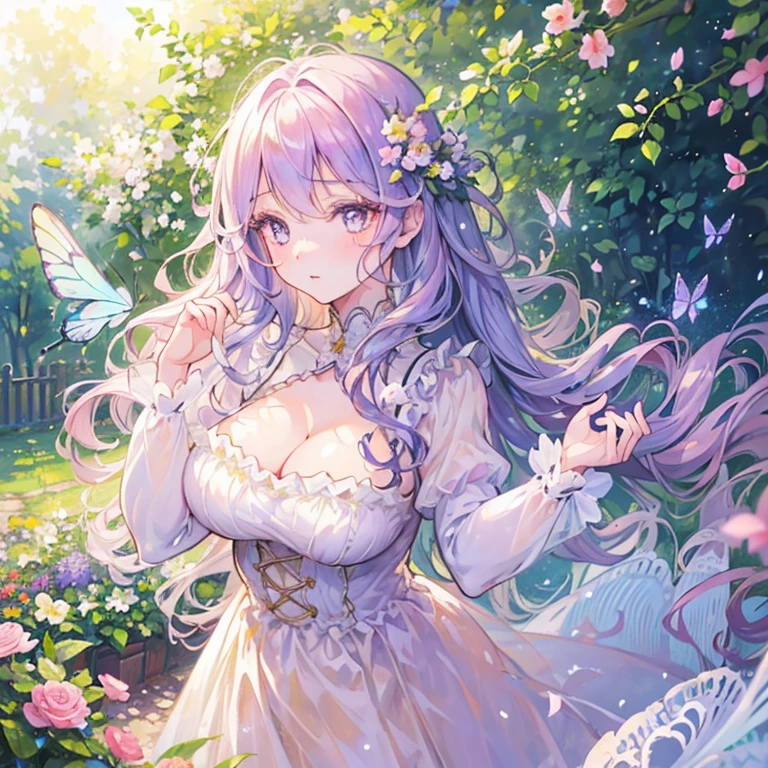 a girl,garden,beautiful detailed eyes,beautiful detailed lips,extremely detailed eyes and face,long eyelashes,curly,wavy,flowing hair,innocent,curious expression,sunlight filtering through trees,colorful flowers,butterflies dancing around her,springtime,soft,dreamy lighting,pastel colors,impressionist style,breath taking scene