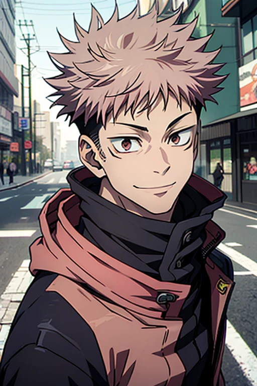 young boy, Smile, Itadori Yuji, uniform jujutsu blue, brown eyes, pink hair, short hair, anime style jujutsu kaisen. Strongest. Background city,  cinematographic