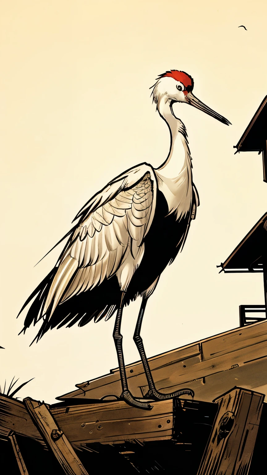 crane bird sitting, comic style
