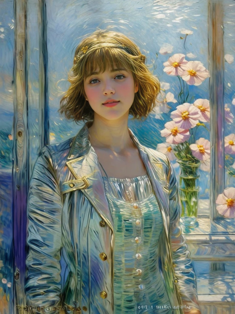 Aquarium with rainbow fish, there is a girl standing behind the glass of the aquarium, Portrait of a 25-year-old girl with long blond hair, dressed in a dress made of light material, standing in a meadow among flowers, Brome art, the image of an epic fantasy character, portrait of a character, fantasy art, works by Richard Schmid, A.Mucha, Volegov, impressionism, your crush