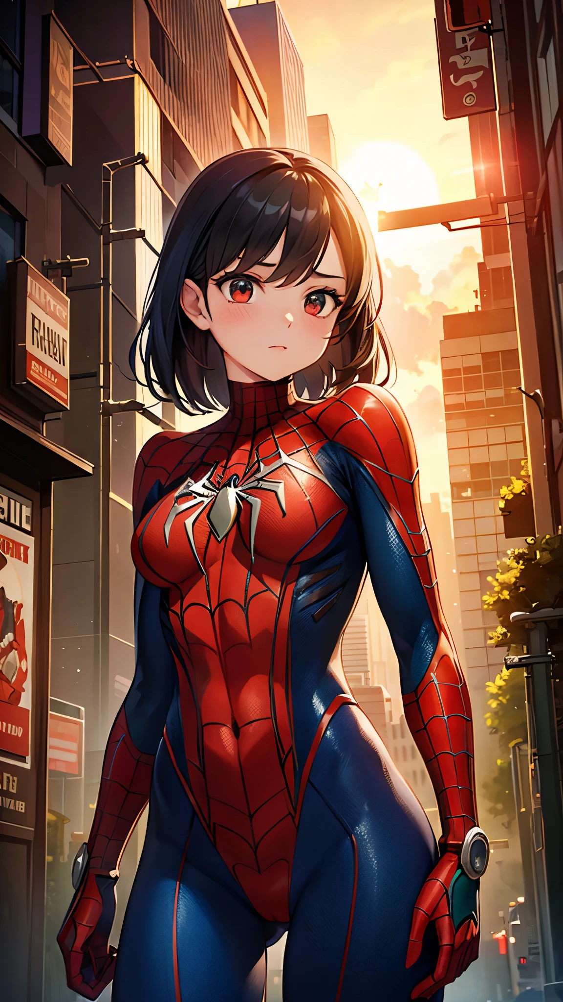 masterpiece, highest quality, High resolution, Realistic, Cowboy Shot, One woman, Beautiful body、Spiderman, red, green, transparent, Biomechanics, Urban, sunset, Dramatic lighting,