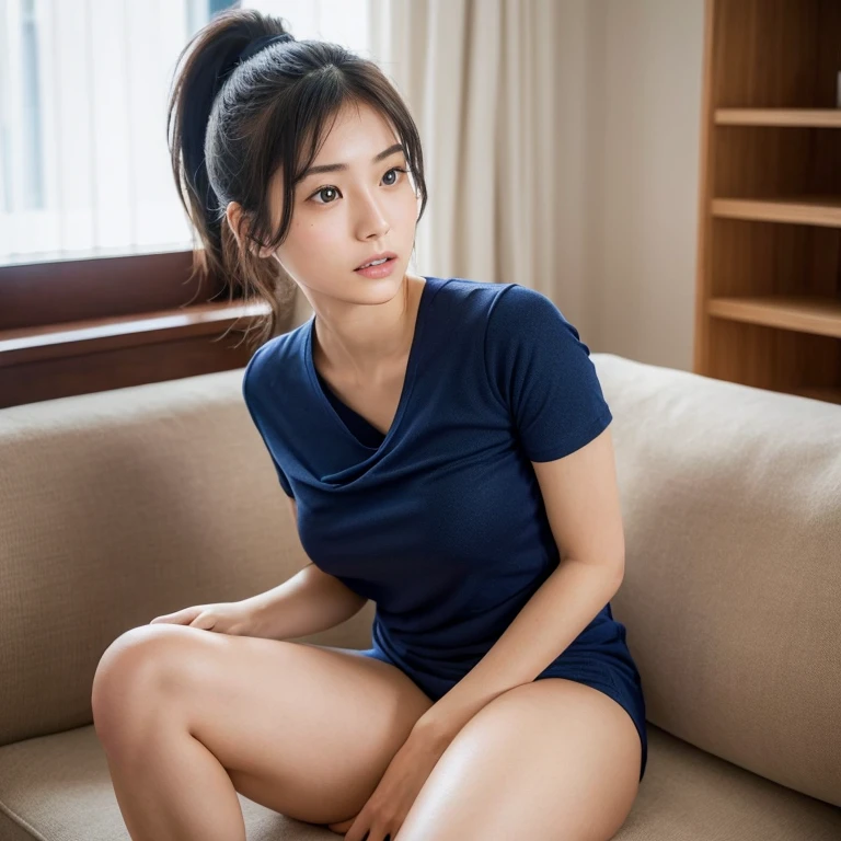 A beautiful young Japanese woman with a ponytail is sitting on a sofa wearing a plain navy blue T-shirt and holding a blue towel in her hand. Focal length: 100mmf/2.8, spring morning, cloudy, living room on the upper floor of a high-rise apartment, well-formed features, slight surprise and confusion, toned body, plain navy blue T-shirt, blue towel in hand, naked lower body, Pubic hair, close-up facial expressions, realism, 8K image quality, highest quality.