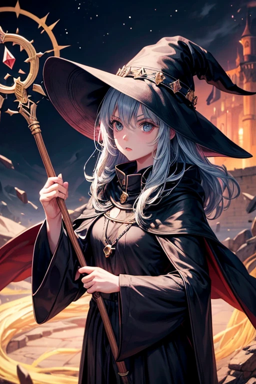 girl, serious expression, black mage, ancient staff, cloak, pointy hat, medieval environment, casting a spell
