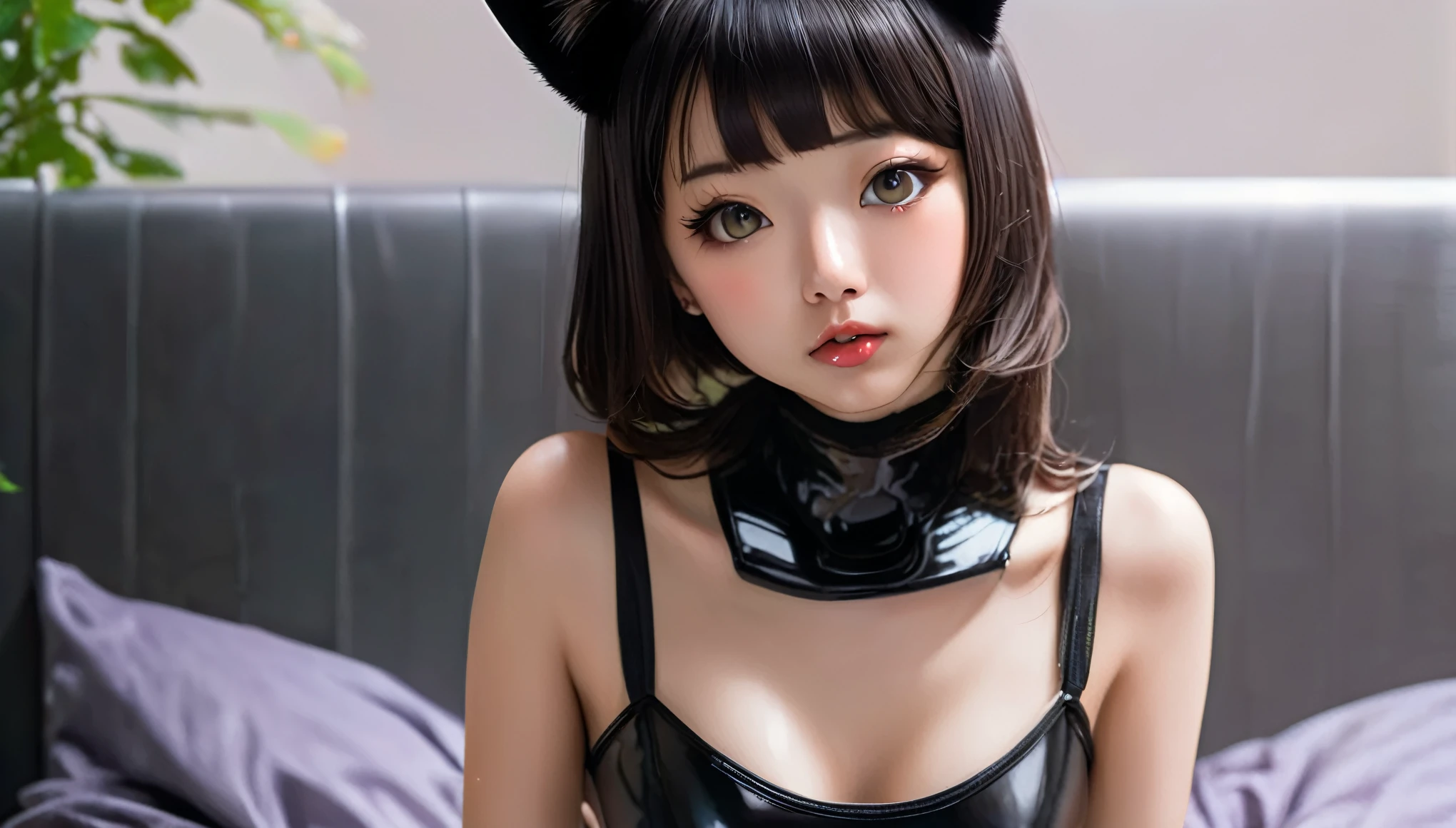 Top Quality, Masterpiece, High Resolution, 8k, (small skinny japanese girl in rubber see through bodysuit, small black collar, cat ears, fear in her face), beautiful detailed eyes, beautiful detailed lips, no lipstick, extremely detailed face, small hips, pixie side shaved hair, posing anxiously on the bed