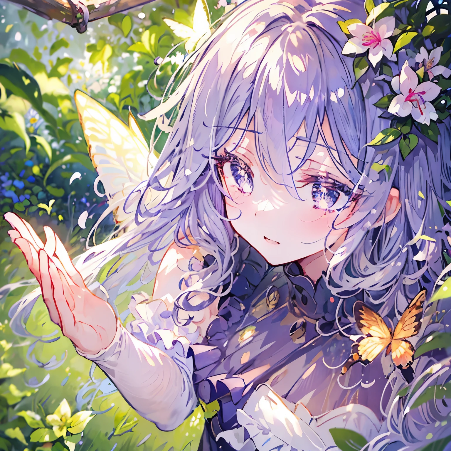 a girl,garden,beautiful detailed eyes,beautiful detailed lips,extremely detailed eyes and face,long eyelashes,curly,wavy,flowing hair,innocent,curious expression,sunlight filtering through trees,colorful flowers,butterflies dancing around her,springtime,soft,dreamy lighting,pastel colors,impressionist style,breath taking scene