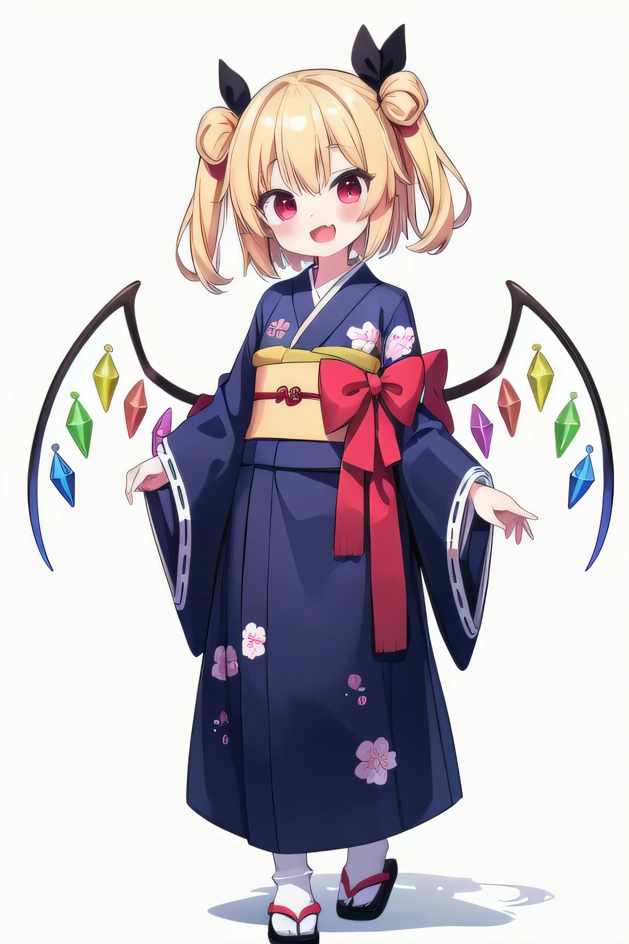 masterpiece, top quality, super detailed, CG illustration, high resolution, better lighting, best shadows, very delicate and beautiful, proper shading, hd, 8k,flandre scarlet, 1girl, solo, looking at viewer, blush, smile, short hair, open mouth, bangs, blonde hair, simple background, red eyes, long sleeves, white background, standing, full body, :d, frills, japanese clothes, wings, alternate costume, fang, wide sleeves, kimono, hair bun, black footwear, sash, one side up, obi, floral print, crystal, red kimono
