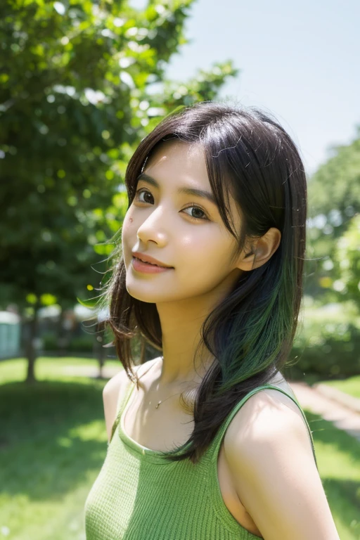 Arafed asian woman with green hair and green tank top in a park - SeaArt AI