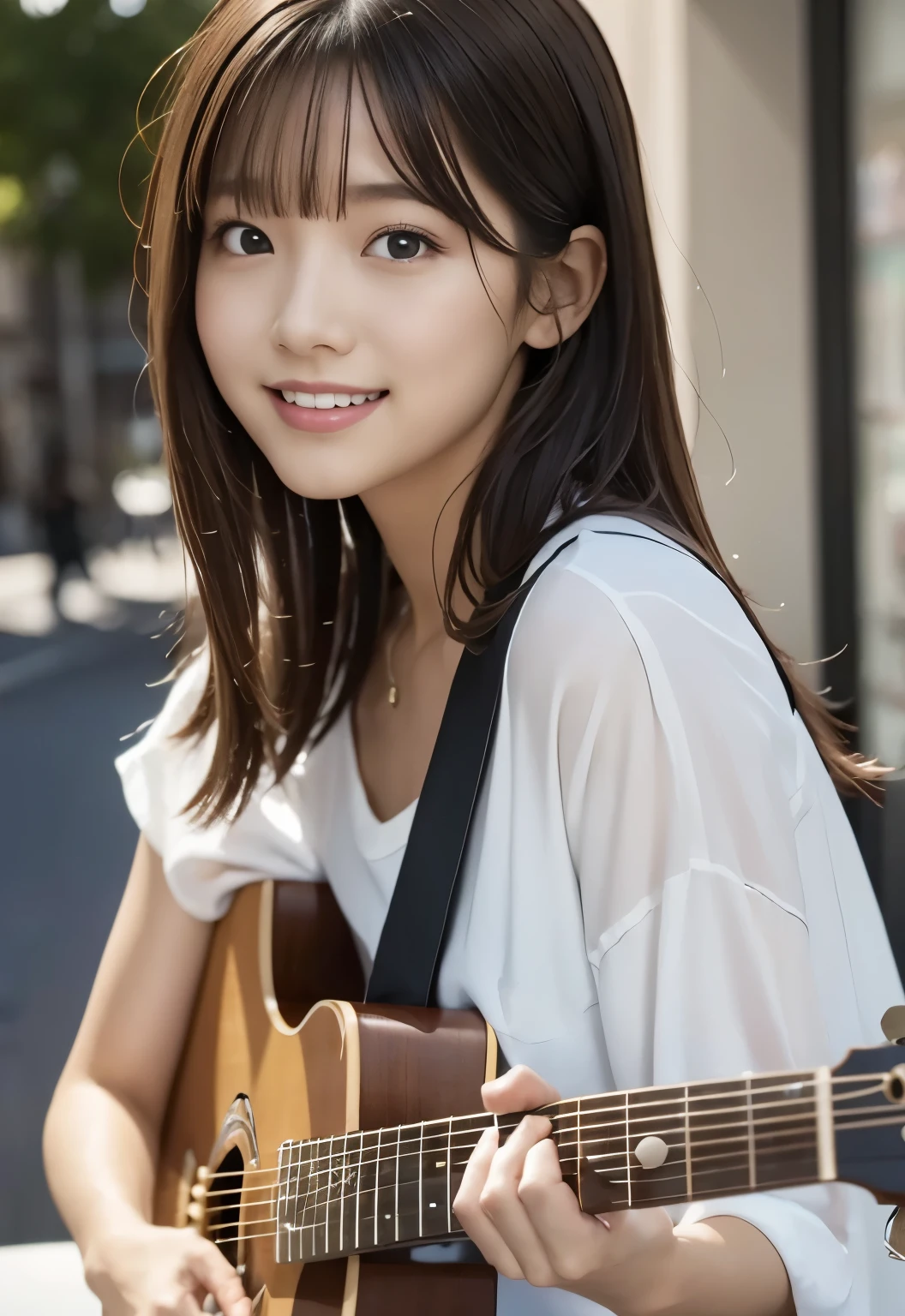 (masterpiece, best quality:1.1), (8k, raw photo, photo realistic:1.2, f22), (shiny skin), detailed skin,long hair,detailed face, detailed eyes, smile,BREAK, real world, intricate details, smil, BREAK, 1girl, (white,pants), BREAK, (guitar, play:1.4), BREAK
