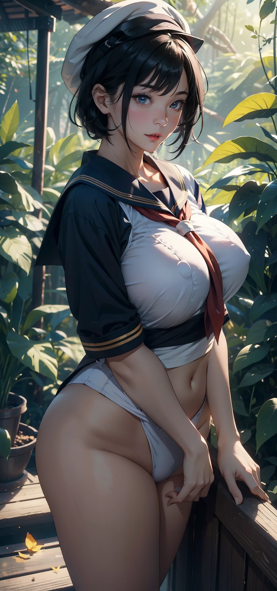 1 female，45 years old，Married Woman，MILF，Super big breasts，a little fat，Thin waist，Long legs， 照片曝Light，（background：In the woods，Rainforest，In the summer，Strong wind） She has short black hair，Bangs，，Bob，Straight Hair，Red lips，stand up，Front view， OK， Gloomy sky，（（（masterpiece），（Highly detailed CG Unity 8k wallpaper），最OK质量，Light，详细background，beautiful eyes，（Very delicate and beautiful），（Beautiful and detailed description of the eyes），Ultra Detailed，masterpiece，）），face camera，high resolution，Ultra Detailed），Exposing breasts，Exposing genitals， Convex，Camel toe，Sexy bulge，Primary school students（wear：Sailor Suit，Sailor hat，nude）